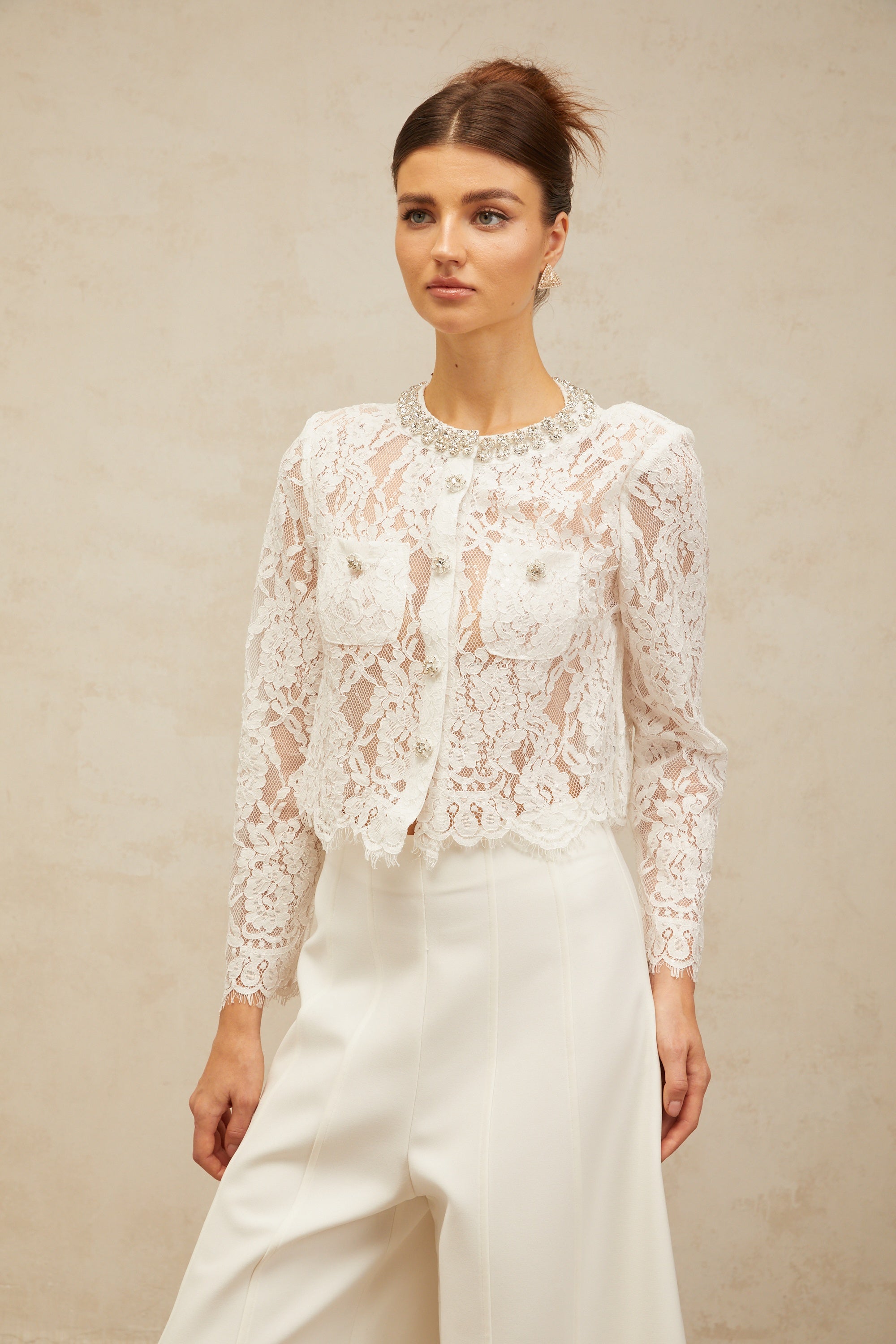 Monique white embellished floral-lace jacket