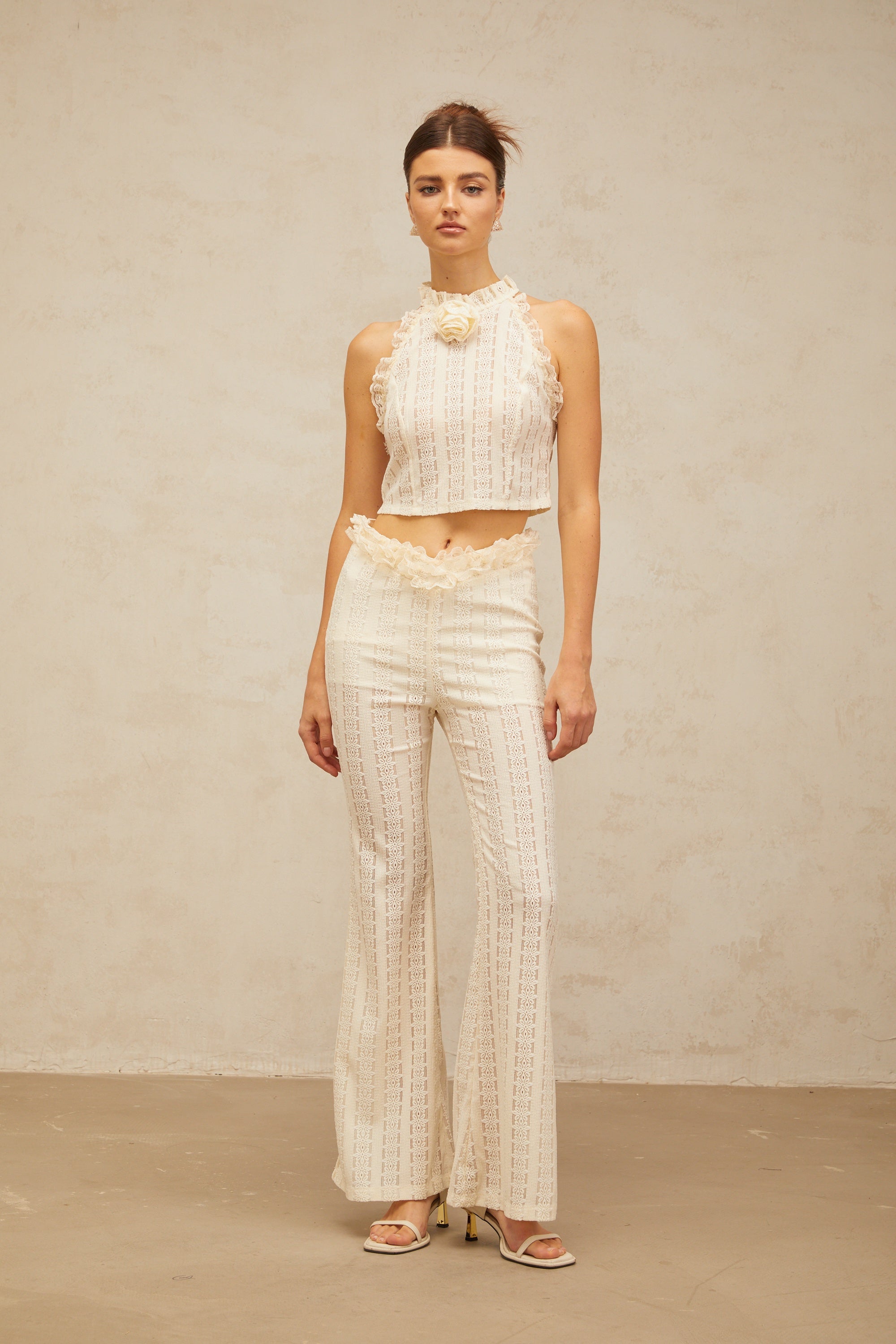 Magali cream-white ruffled-lace-trim jacquard top & trousers matching set