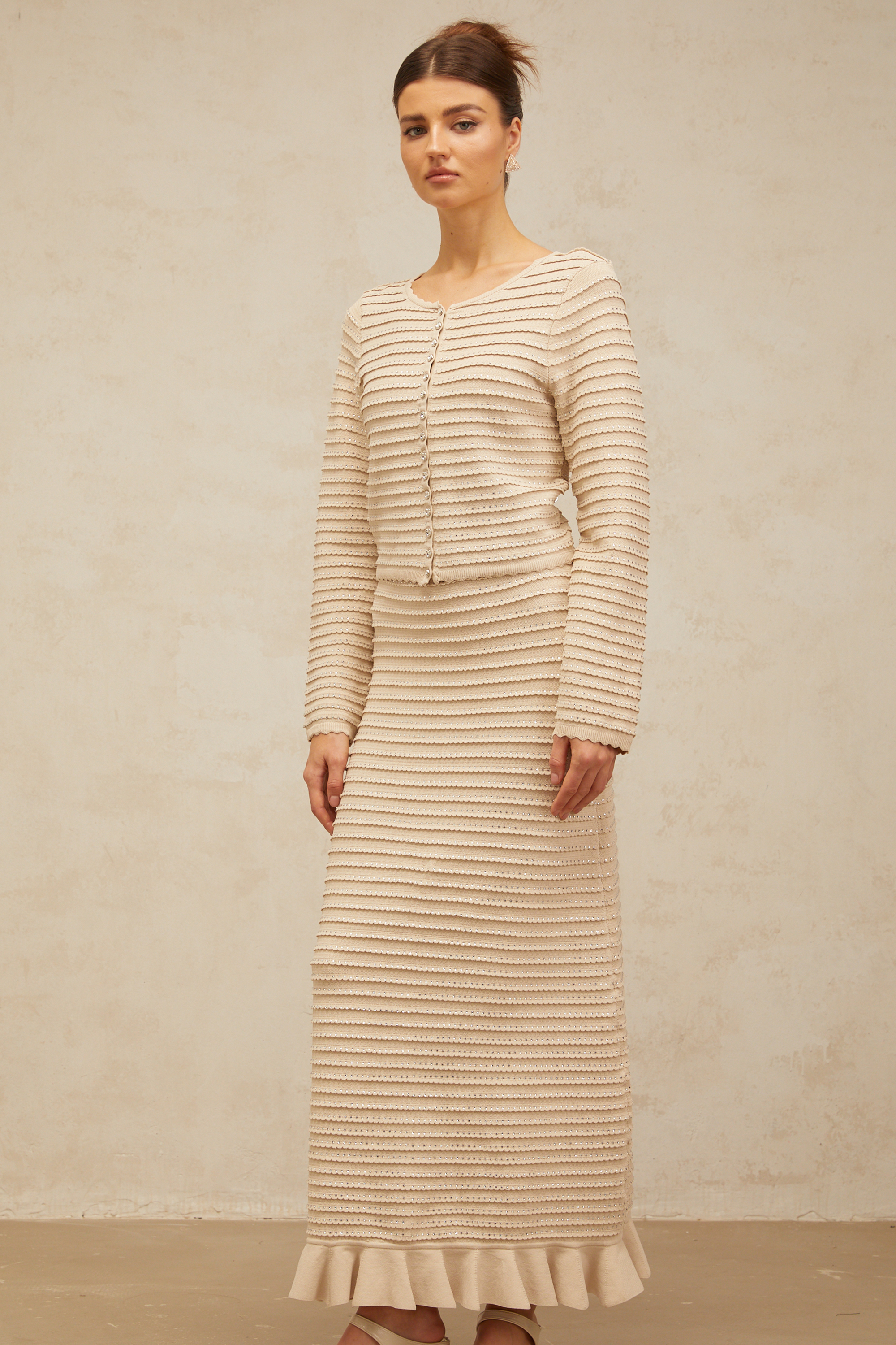 Aveline embellished ruffled knit cardigan & skirt matching set