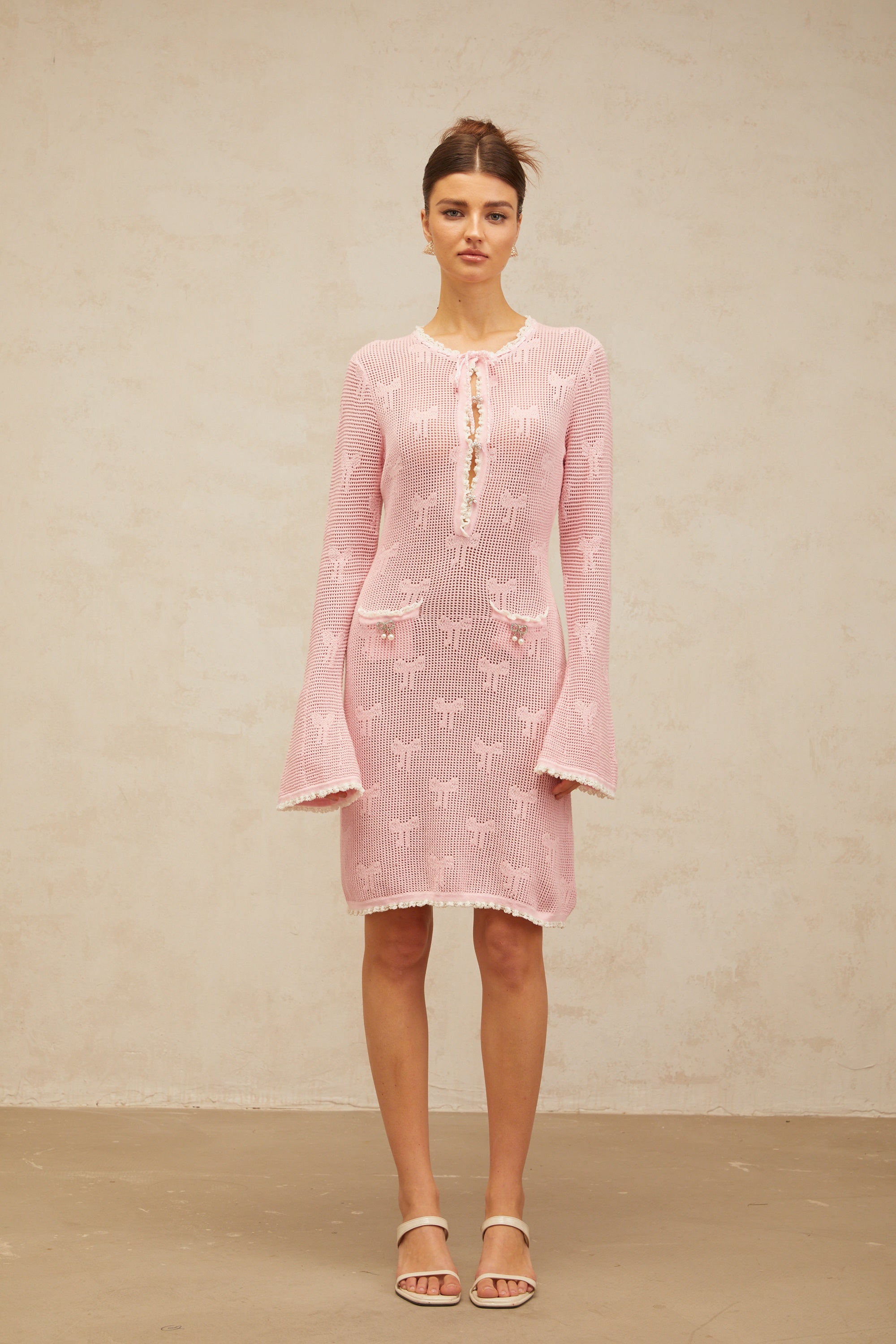 Marjolaine pink embellished crochet-knit mini dress