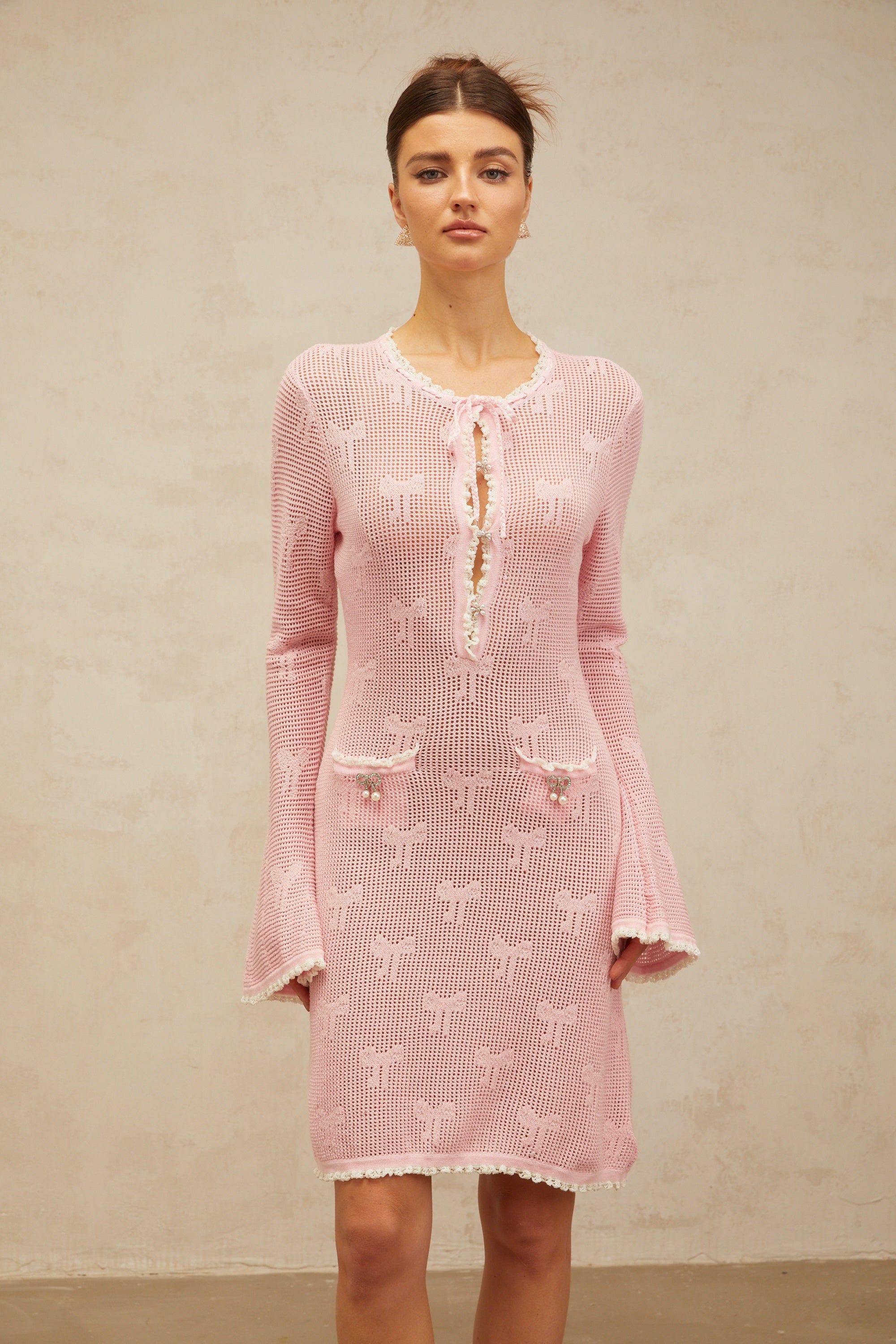 Marjolaine pink embellished crochet-knit mini dress