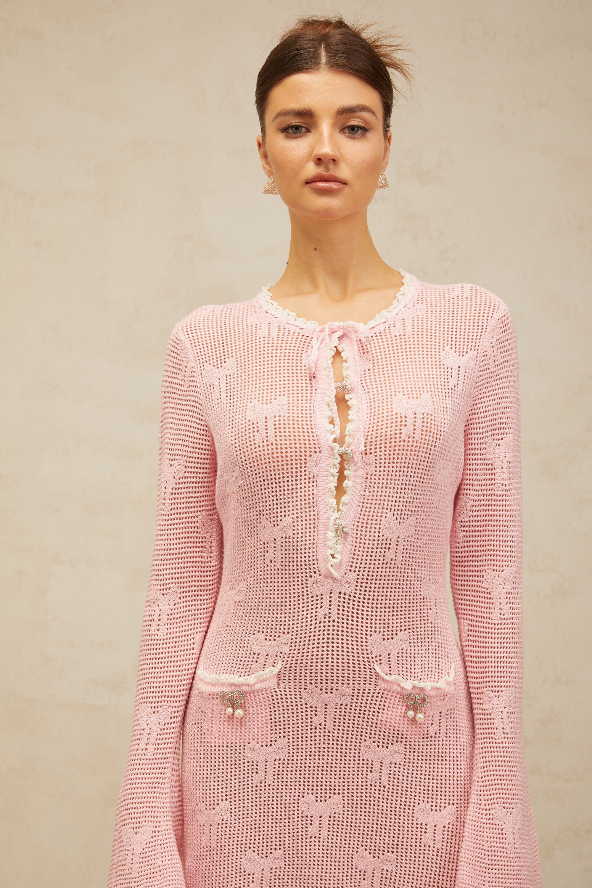 Marjolaine pink embellished crochet-knit mini dress