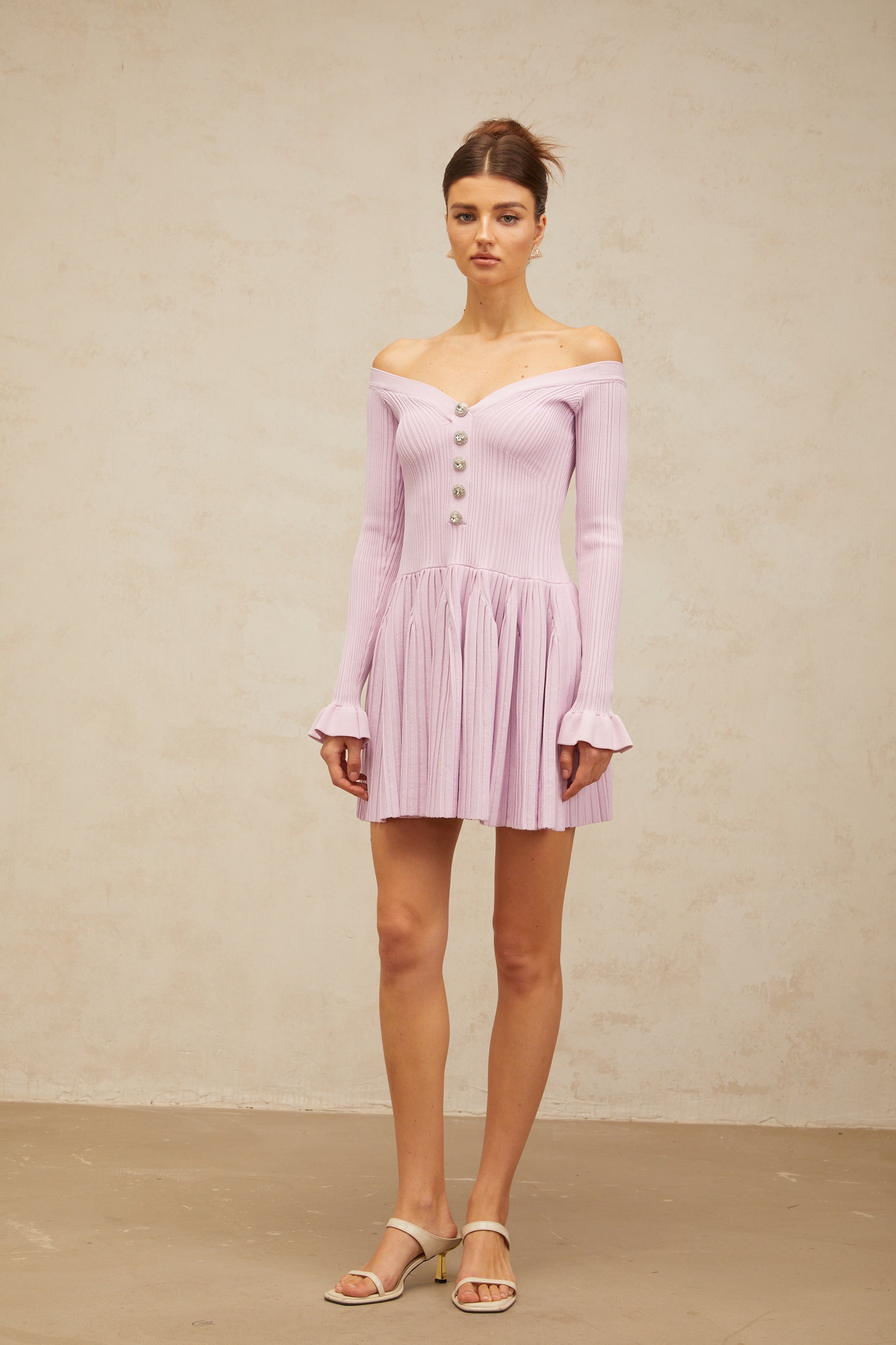 Lyna light-purple off-shoulder ribbed-knit mini dress