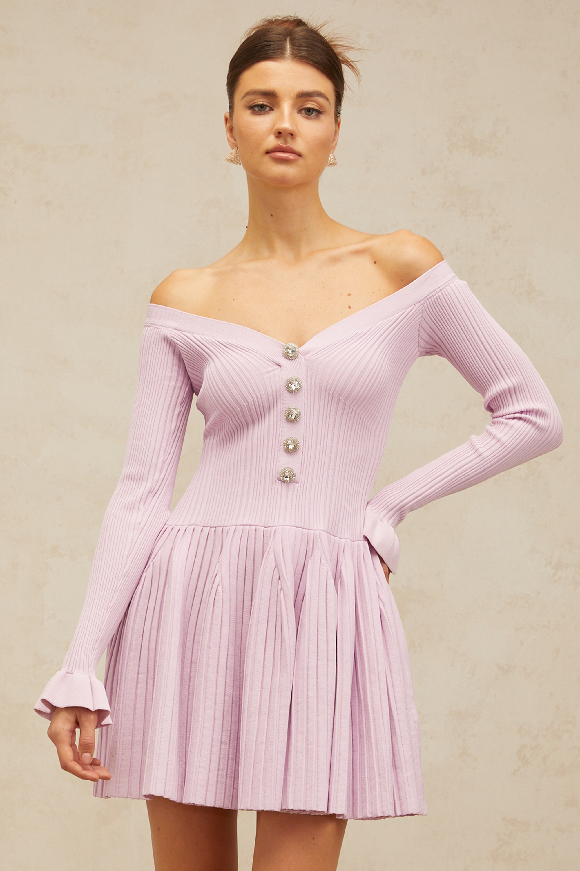 Lyna light-purple off-shoulder ribbed-knit mini dress