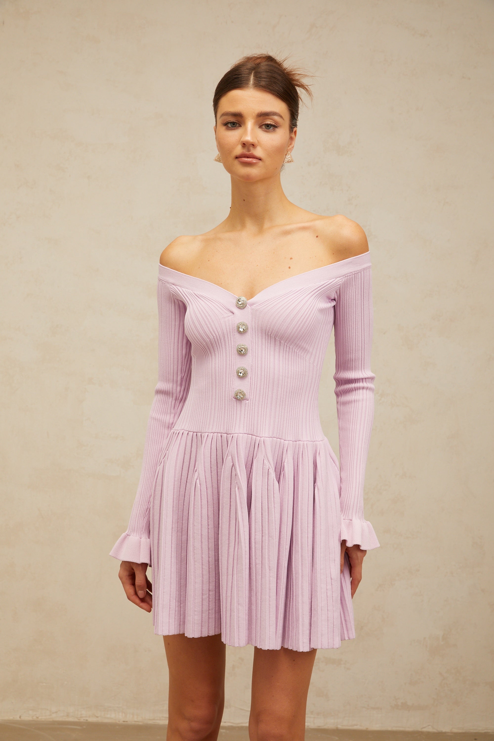 Lyna light-purple off-shoulder ribbed-knit mini dress