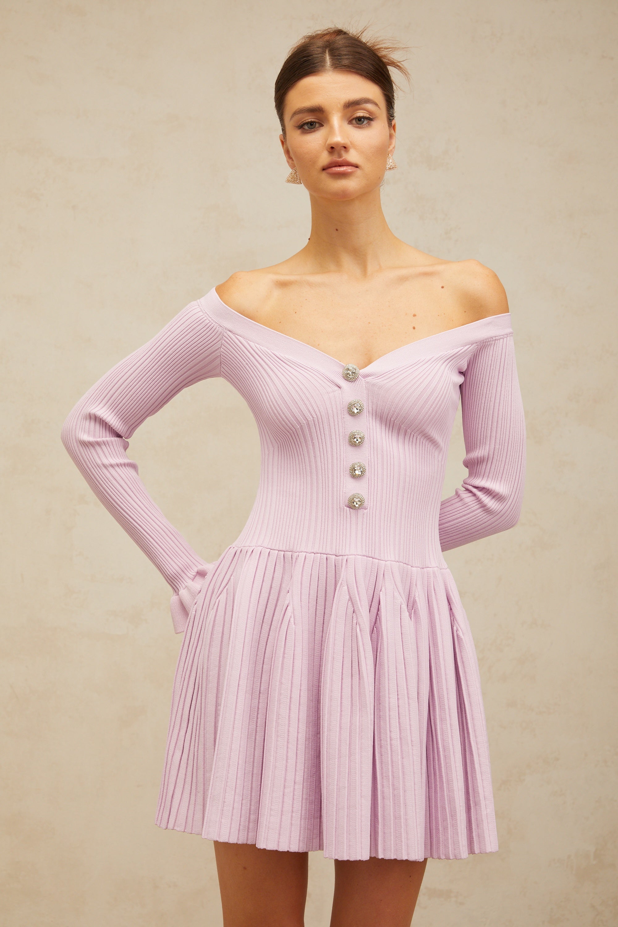 Lyna light-purple off-shoulder ribbed-knit mini dress