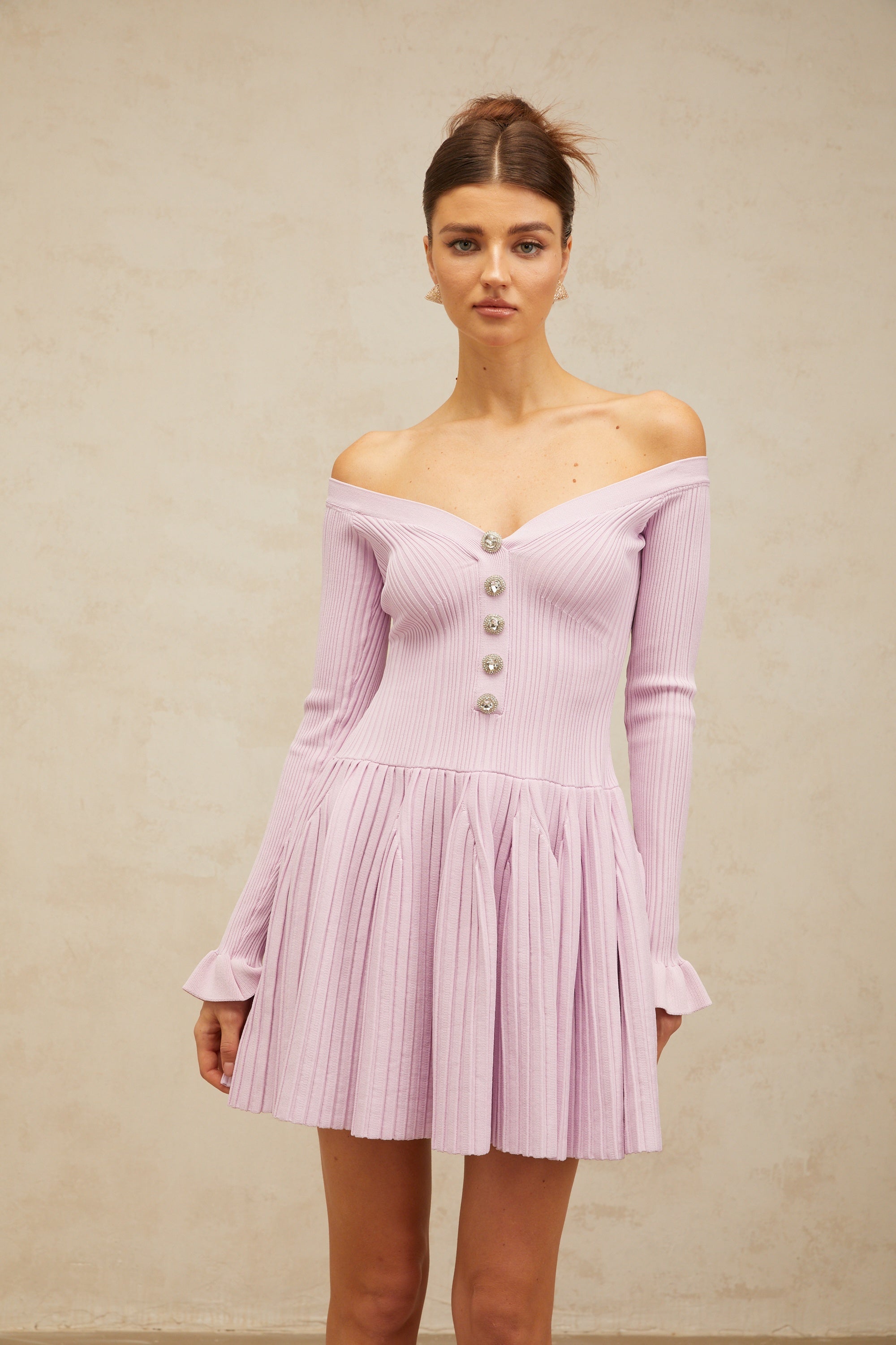 Lyna light-purple off-shoulder ribbed-knit mini dress