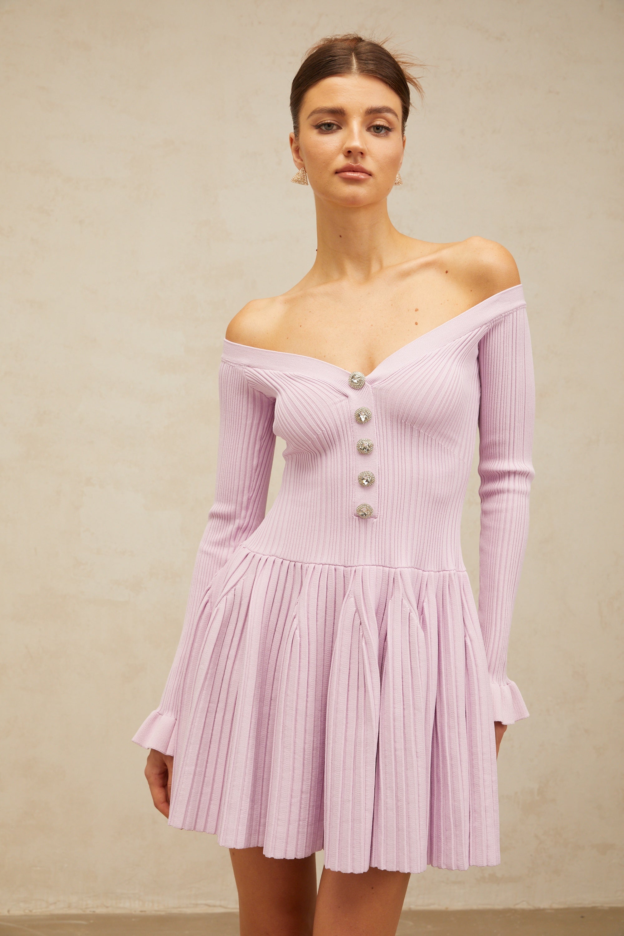 Lyna light-purple off-shoulder ribbed-knit mini dress
