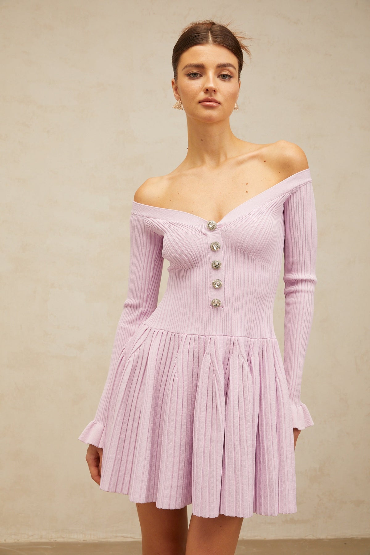 Lyna light-purple off-shoulder ribbed-knit mini dress