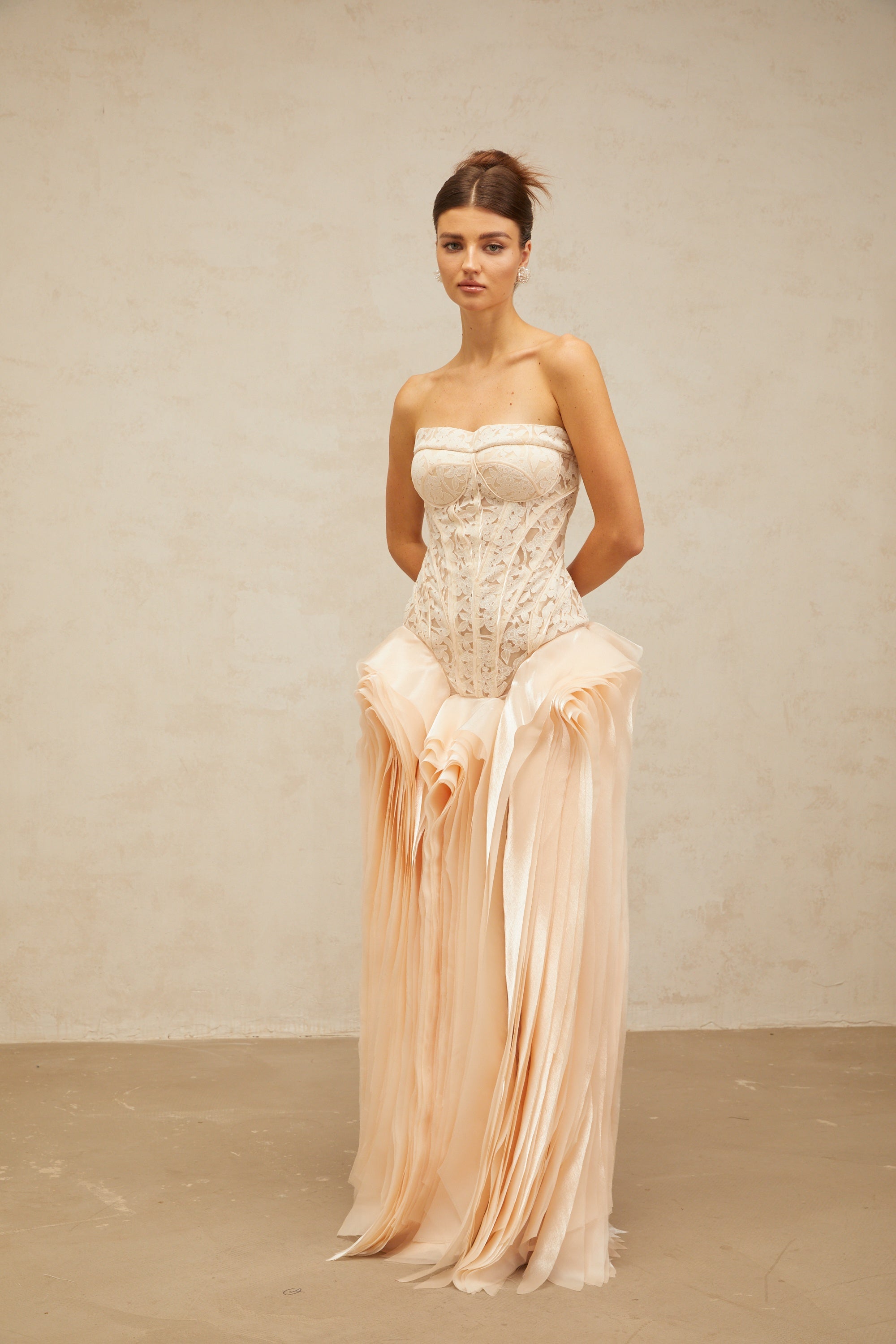 Irène neutrals lace layered corset maxi dress