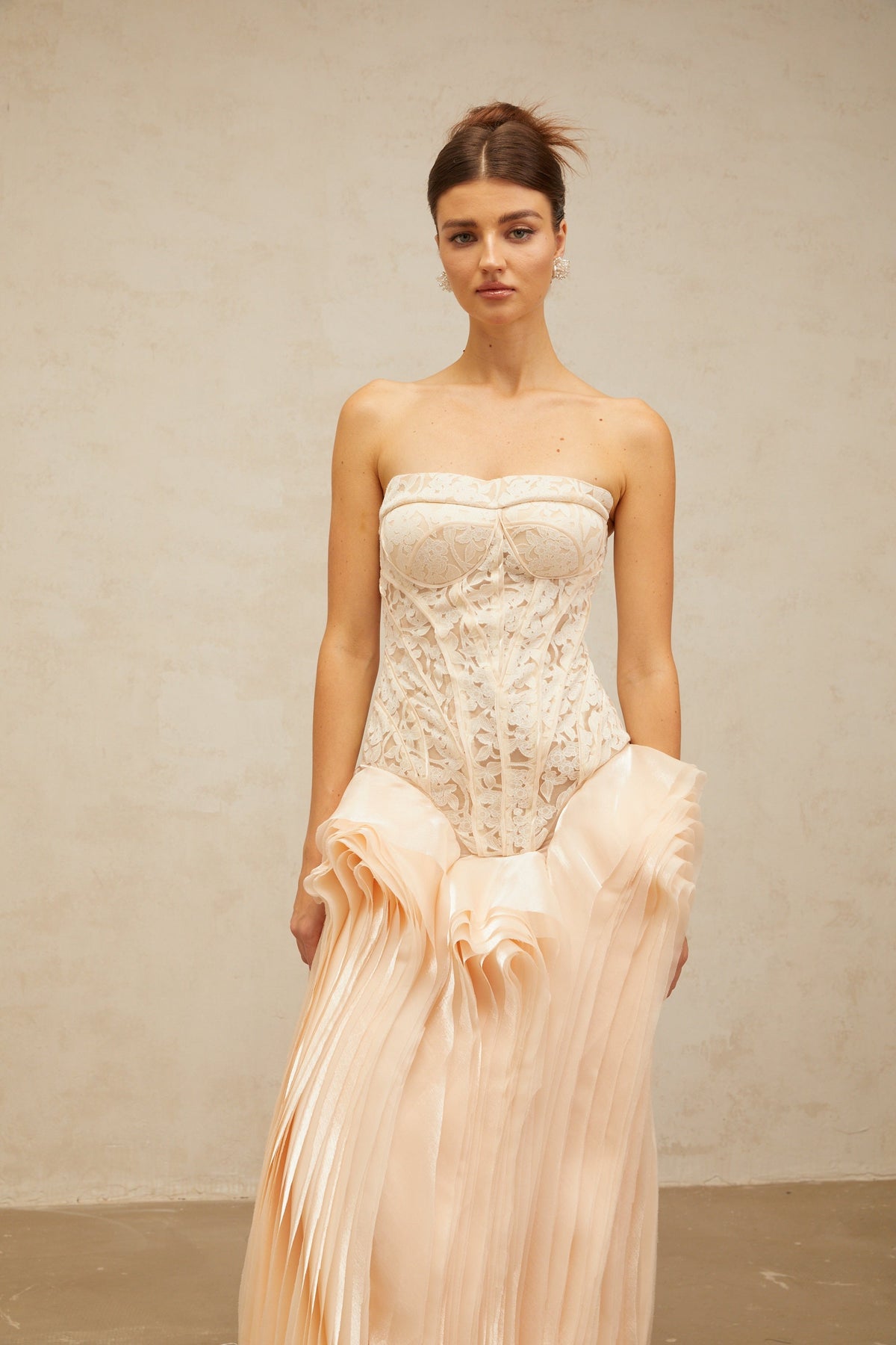 Irène neutrals lace layered corset maxi dress