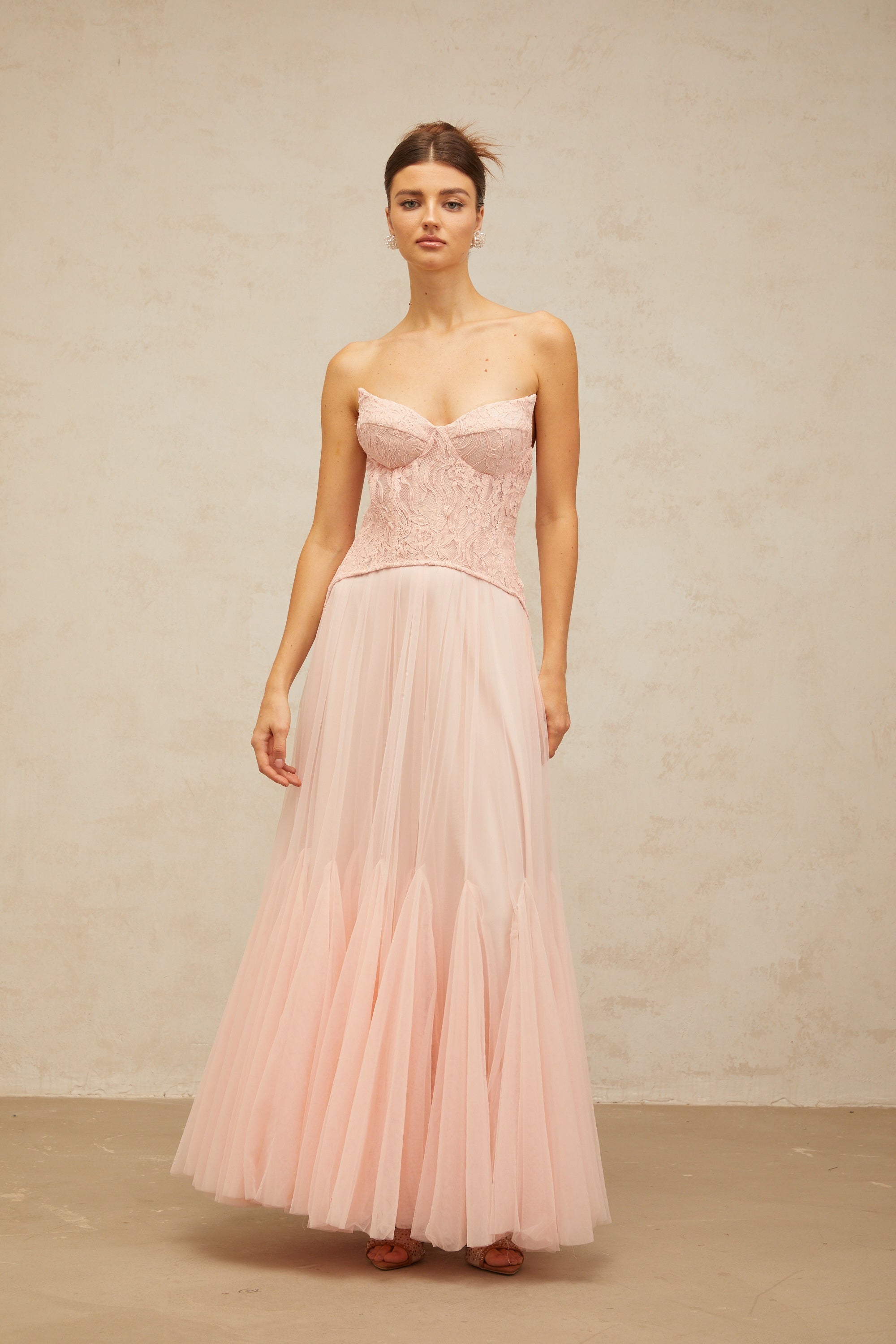 Ulrique pink lace corset tulle maxi dress