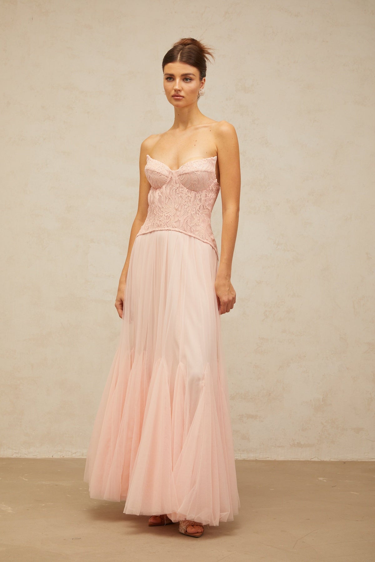 Ulrique pink lace corset tulle maxi dress