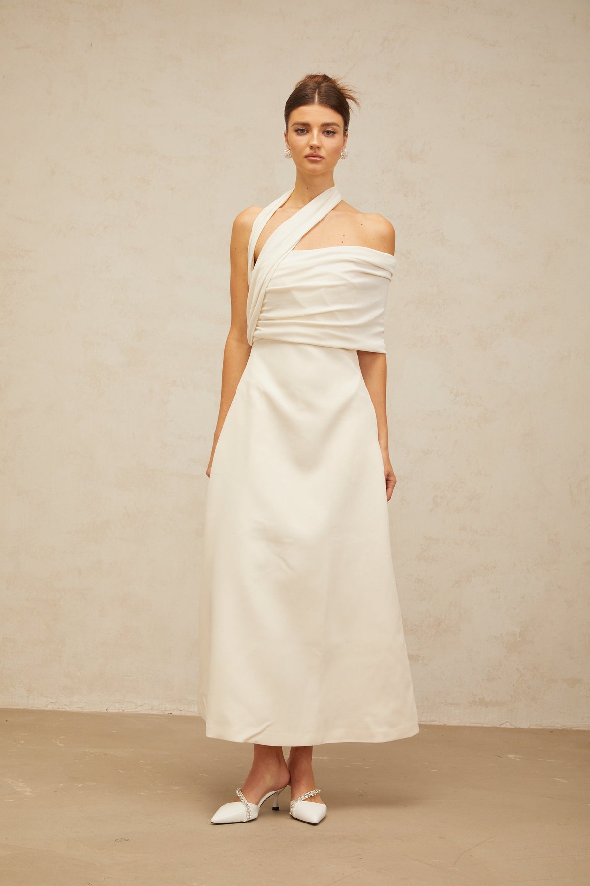Solène cream-white asymmetrical midi dress (Final Sale)