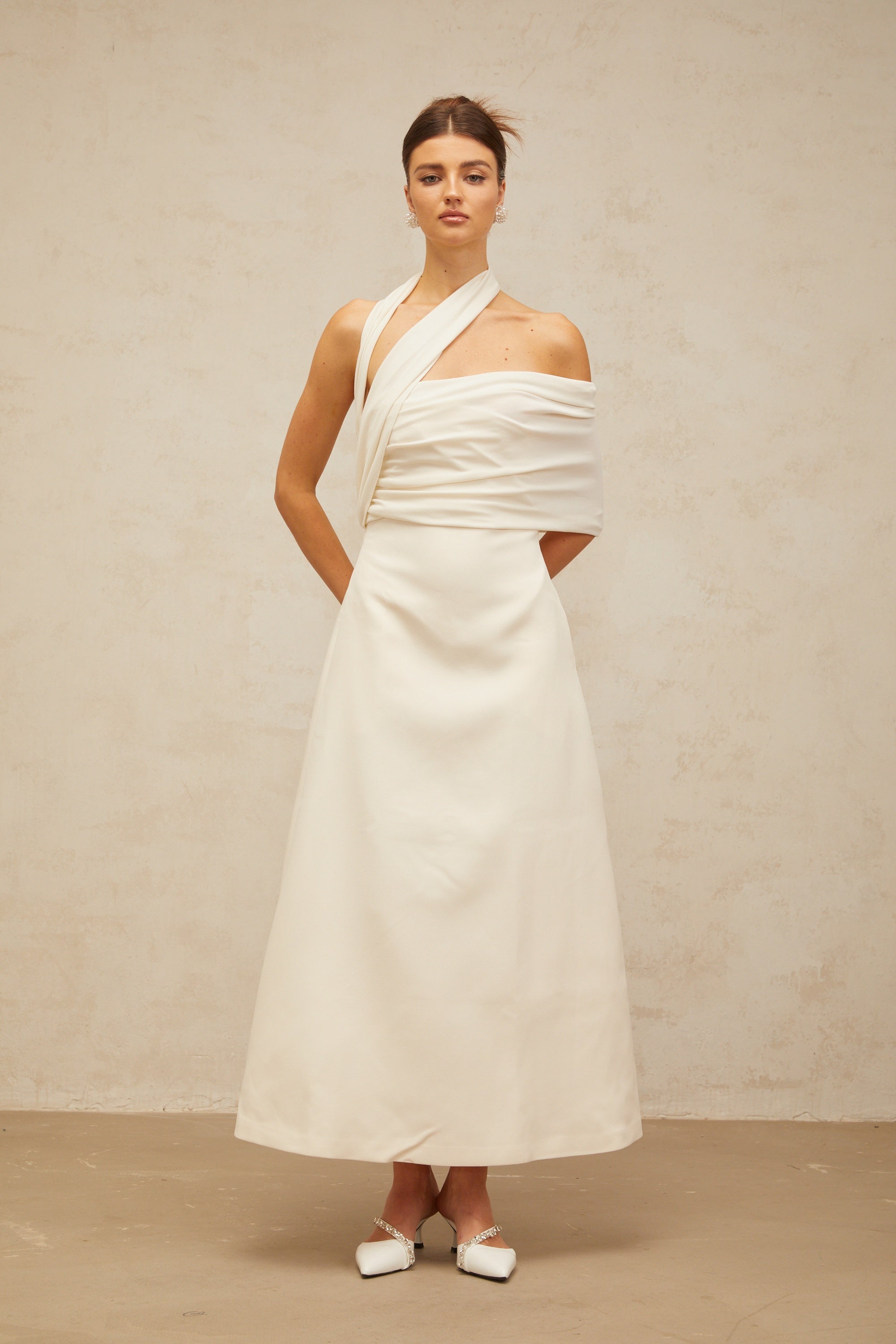 Solène cream-white asymmetrical midi dress (Final Sale-US Only)