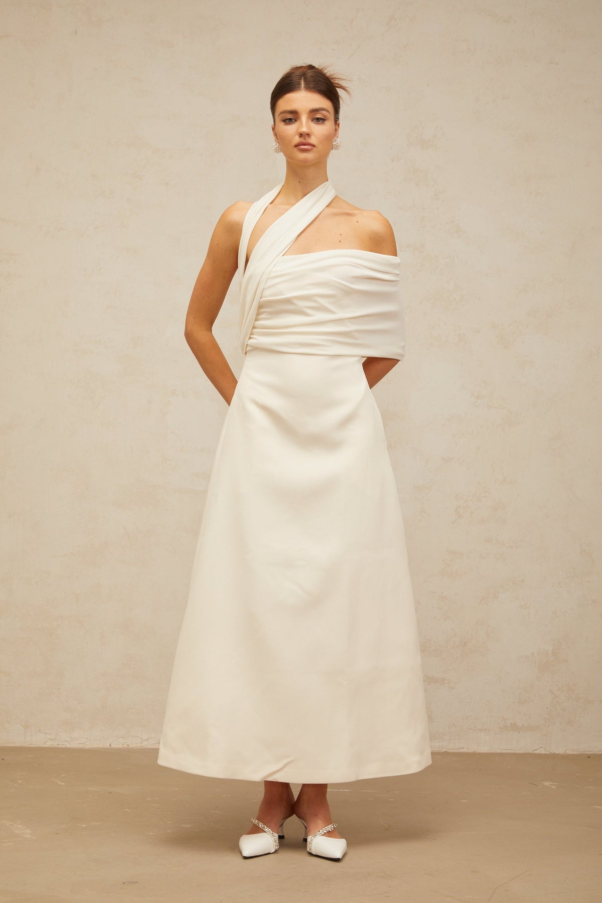Solène cream-white asymmetrical midi dress (Final Sale)