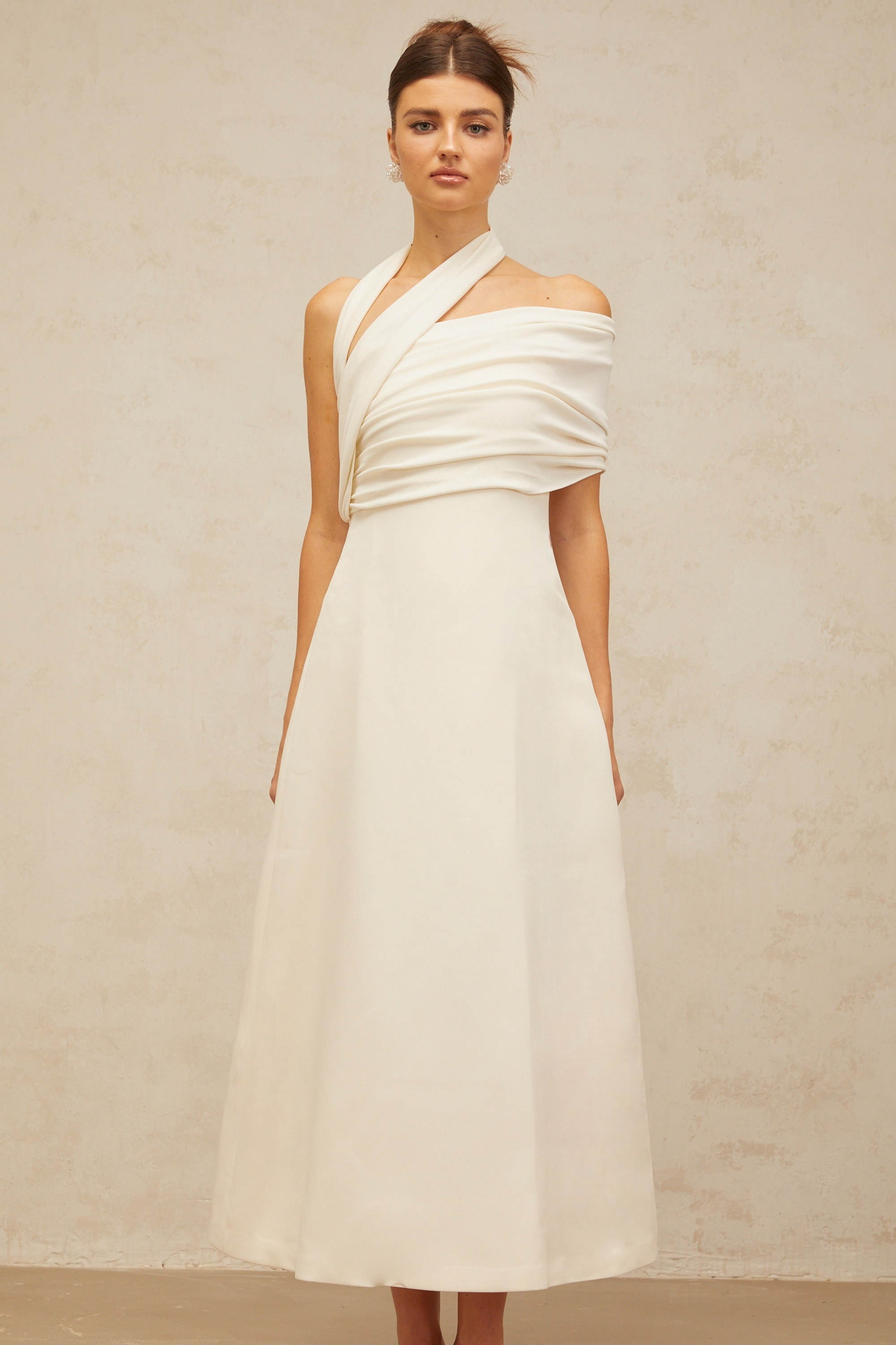 Solène cream-white asymmetrical midi dress (Final Sale-US Only)