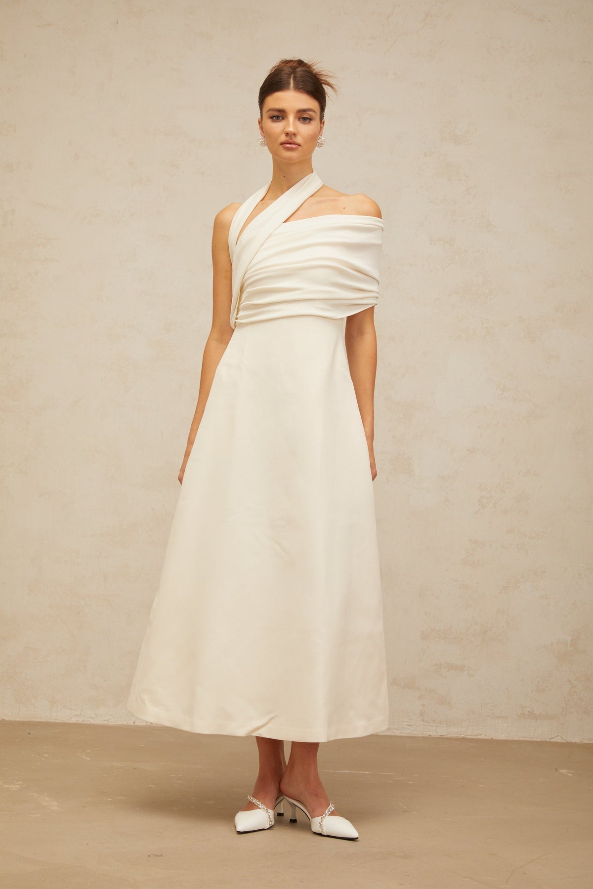 Solène cream-white asymmetrical midi dress (Final Sale-US Only)