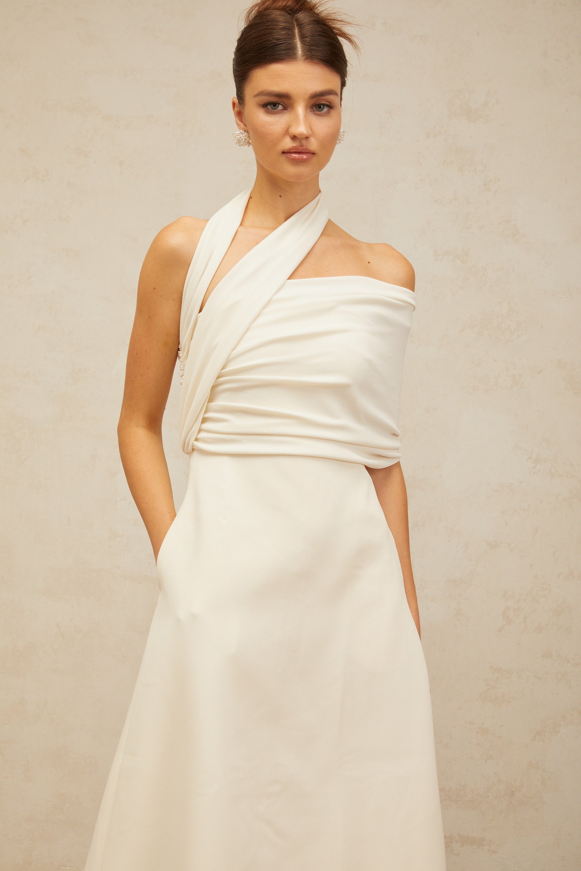 Solène cream-white asymmetrical midi dress (Final Sale)