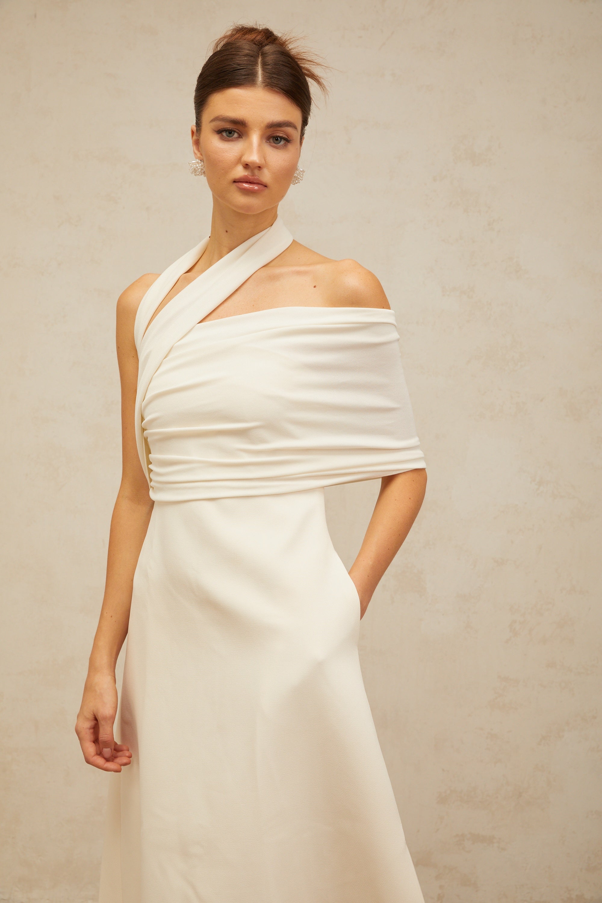 Solène cream-white asymmetrical midi dress (Final Sale)