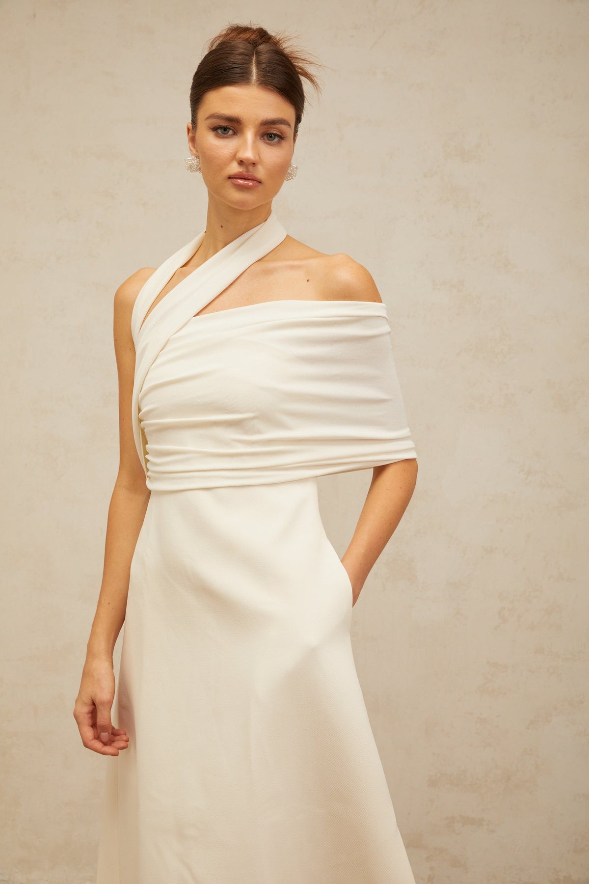 Solène cream-white asymmetrical midi dress (Final Sale)