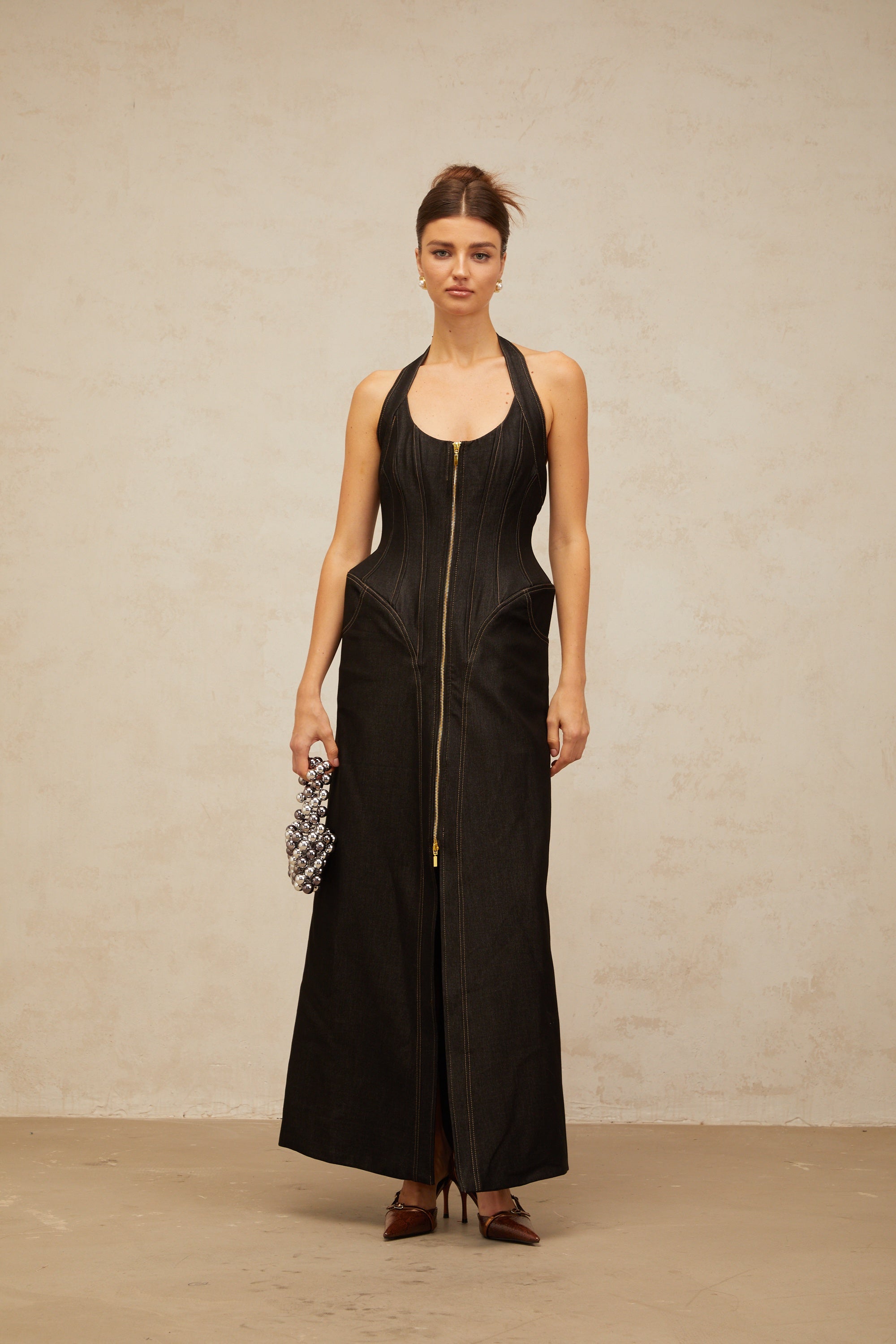 Adrienne black denim front-slit contrast-stitching maxi dress