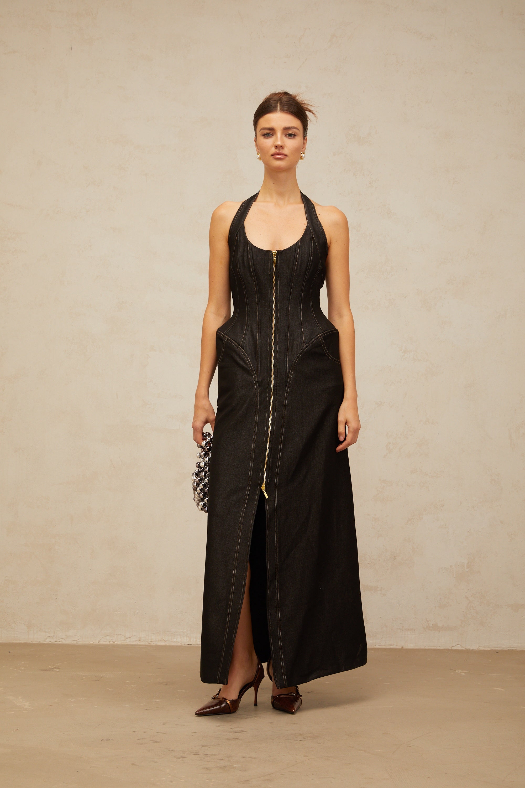 Adrienne black denim front-slit contrast-stitching maxi dress
