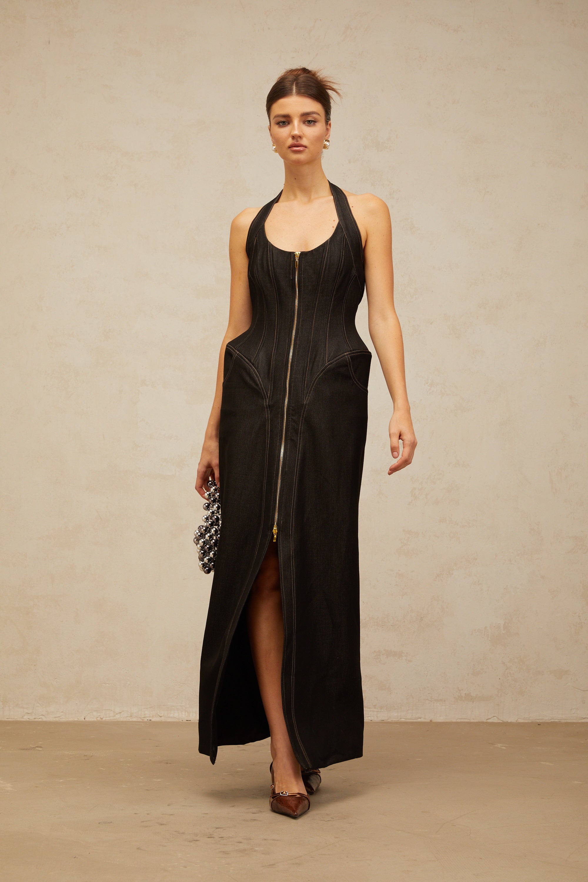 Adrienne black denim front-slit contrast-stitching maxi dress