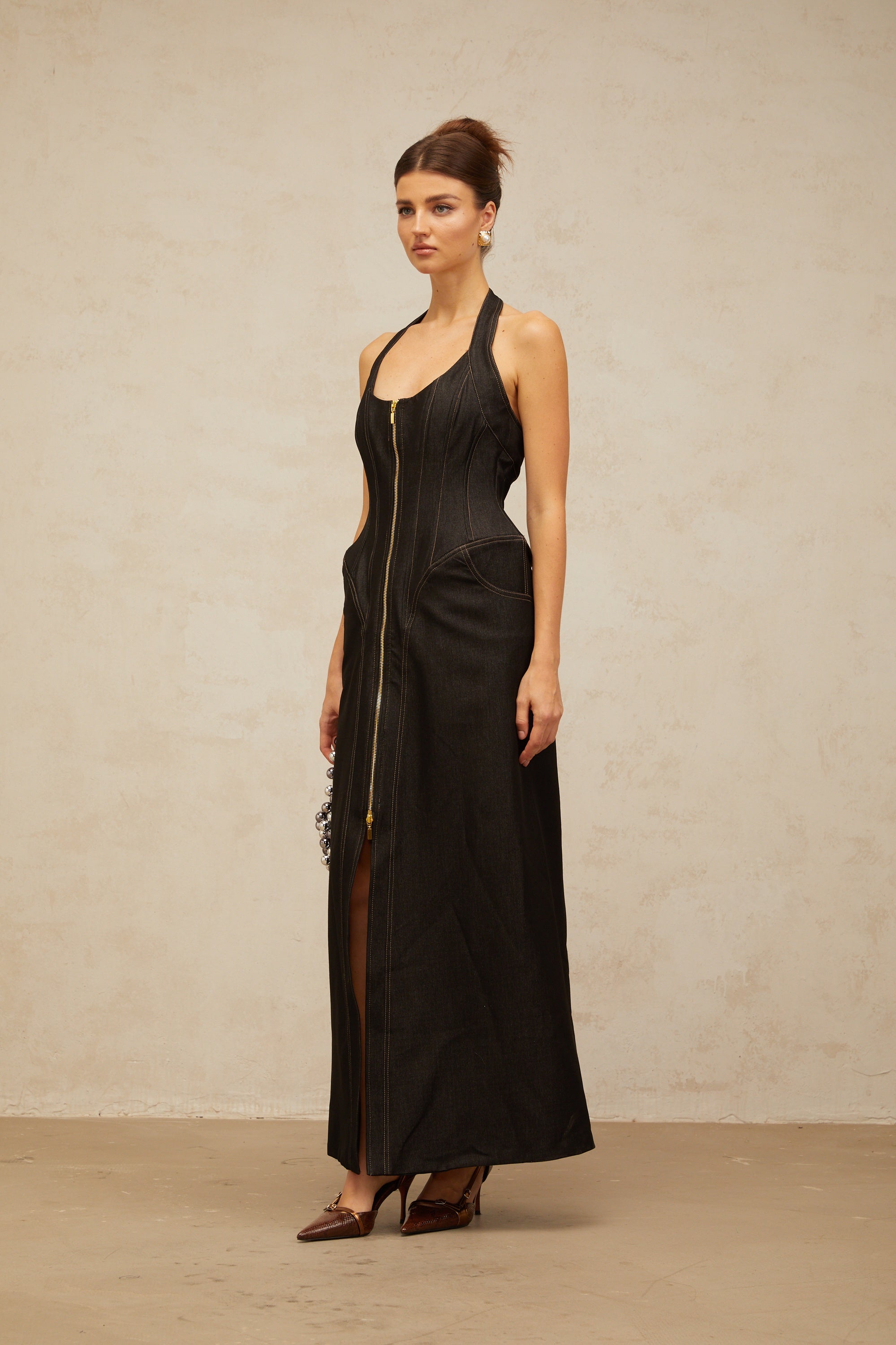 Adrienne black denim front-slit contrast-stitching maxi dress