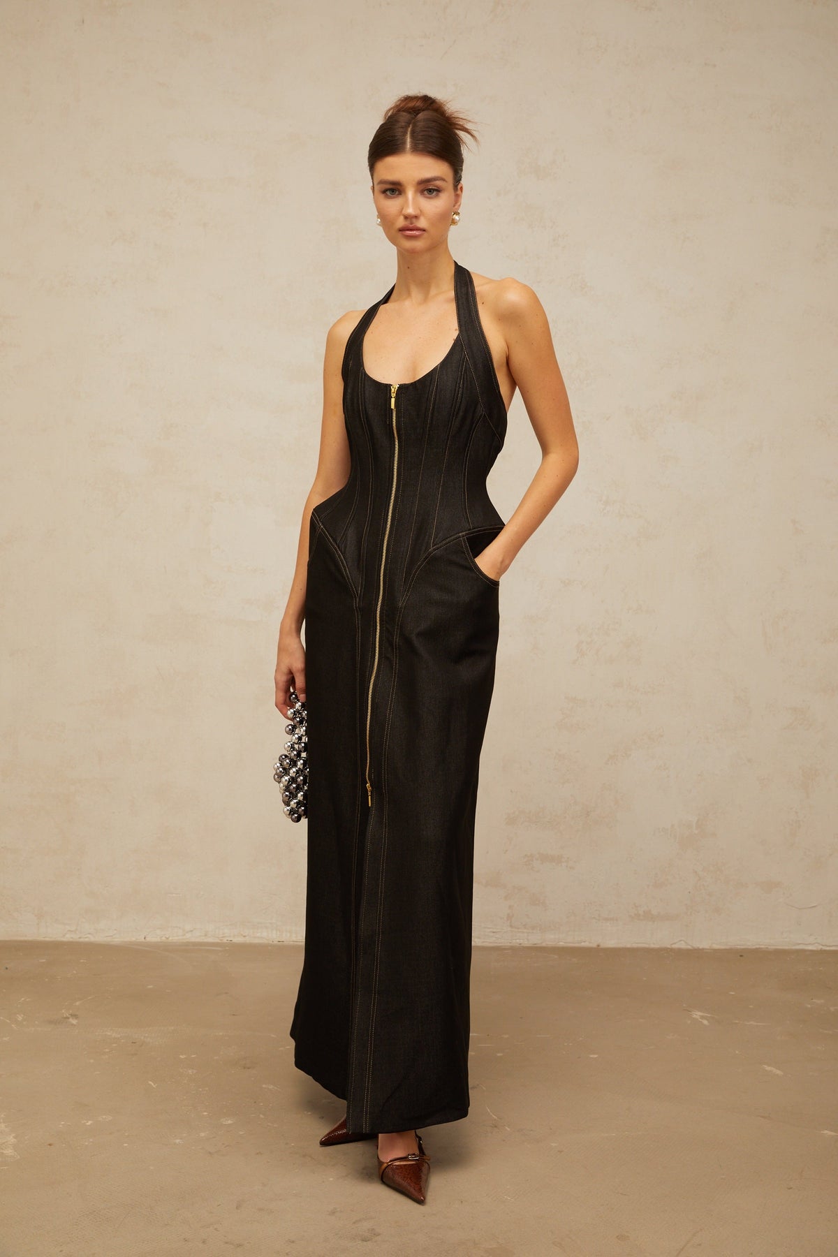 Adrienne black denim front-slit contrast-stitching maxi dress