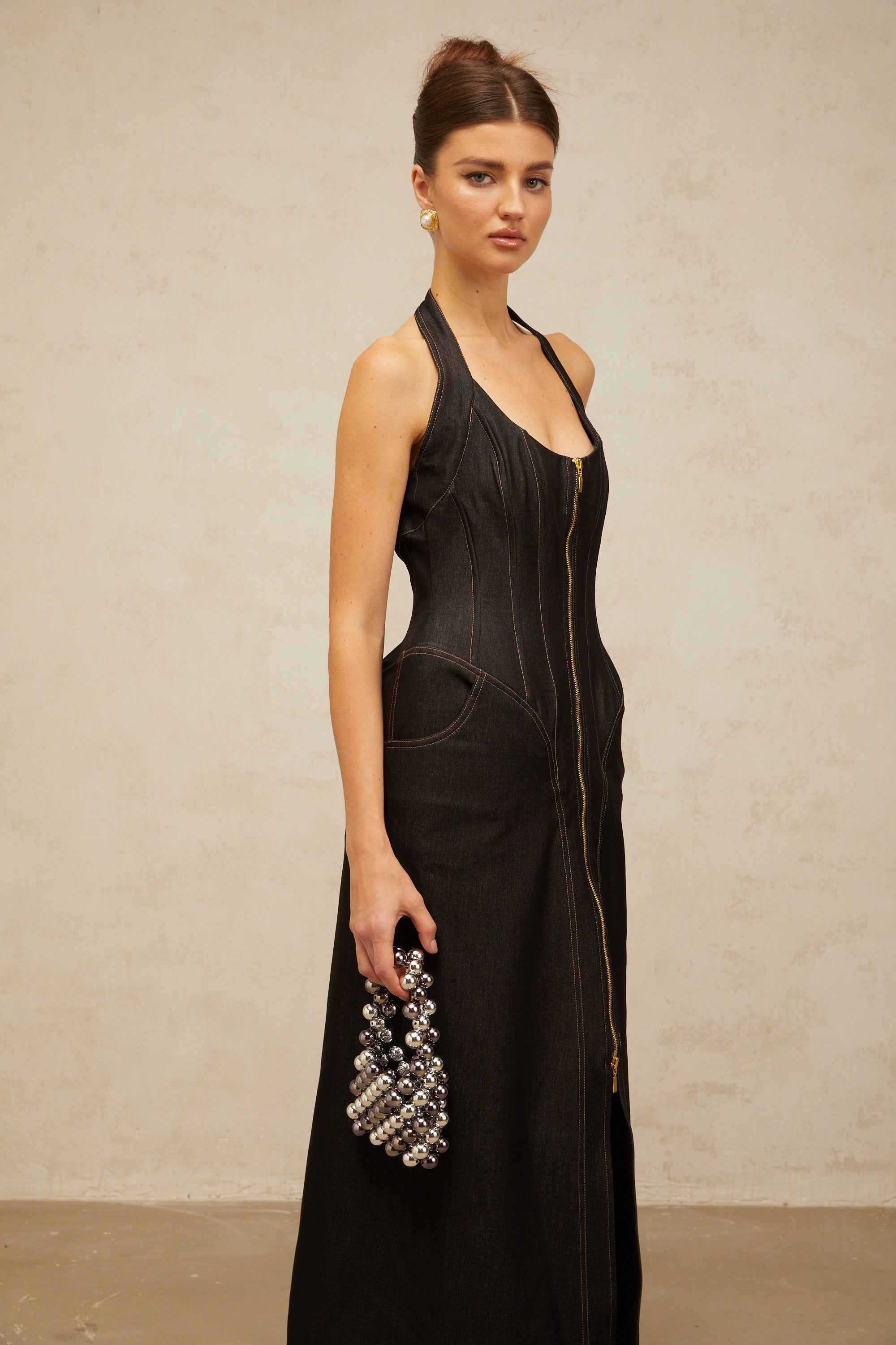 Adrienne black denim front-slit contrast-stitching maxi dress