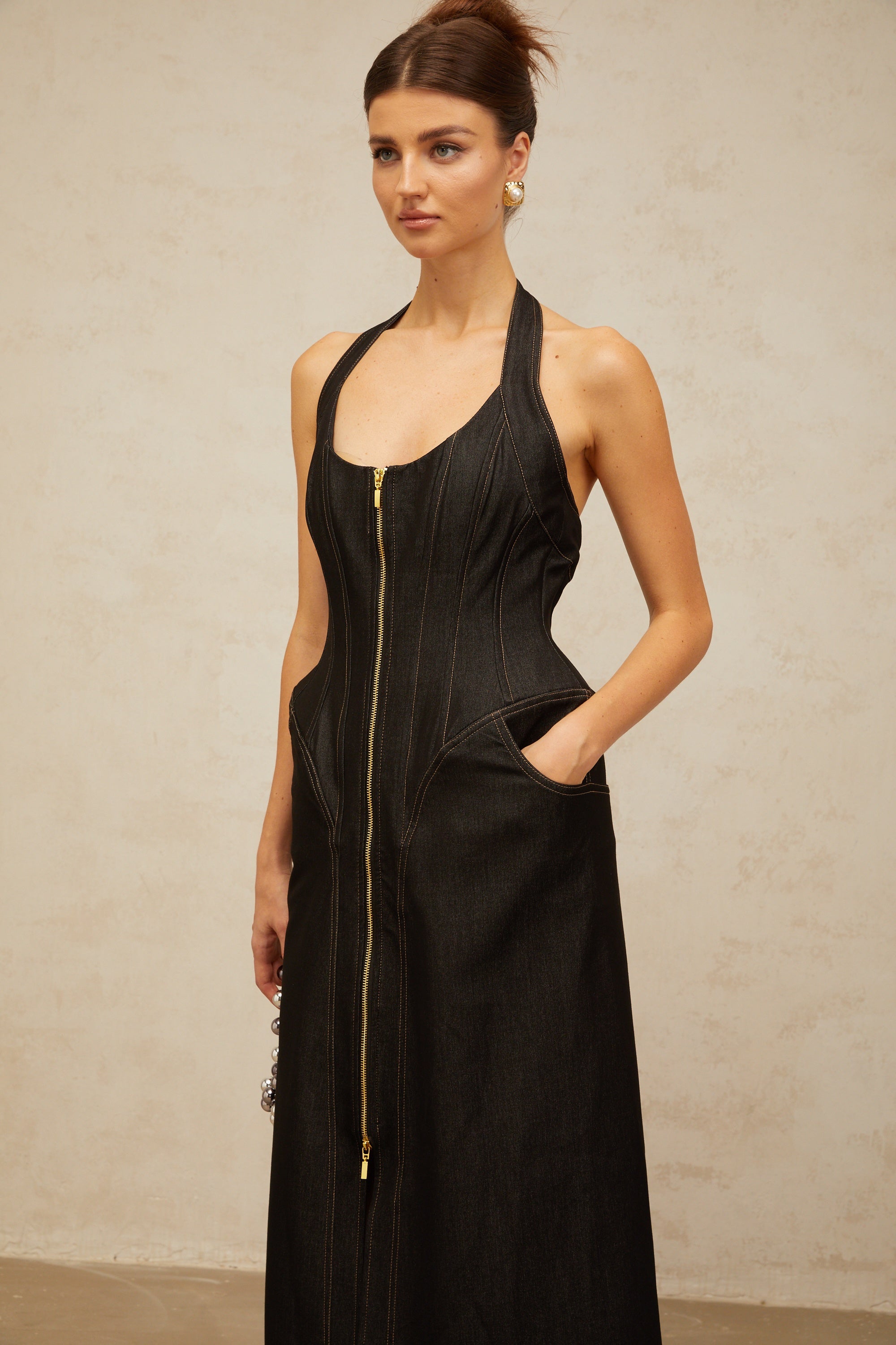 Adrienne black denim front-slit contrast-stitching maxi dress