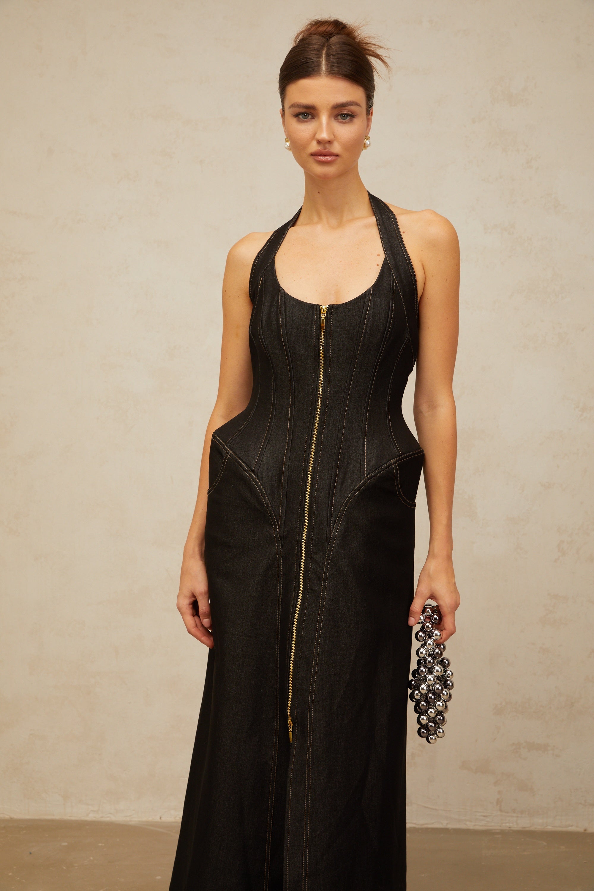 Adrienne black denim front-slit contrast-stitching maxi dress