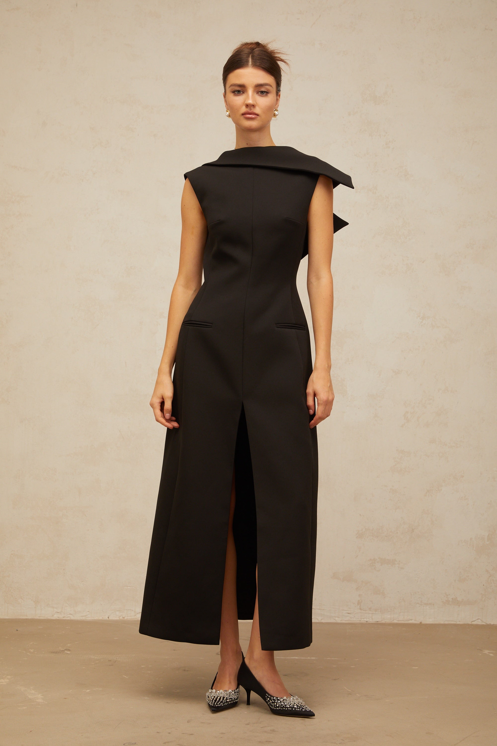 Léonore black deconstructed open-back midi dress