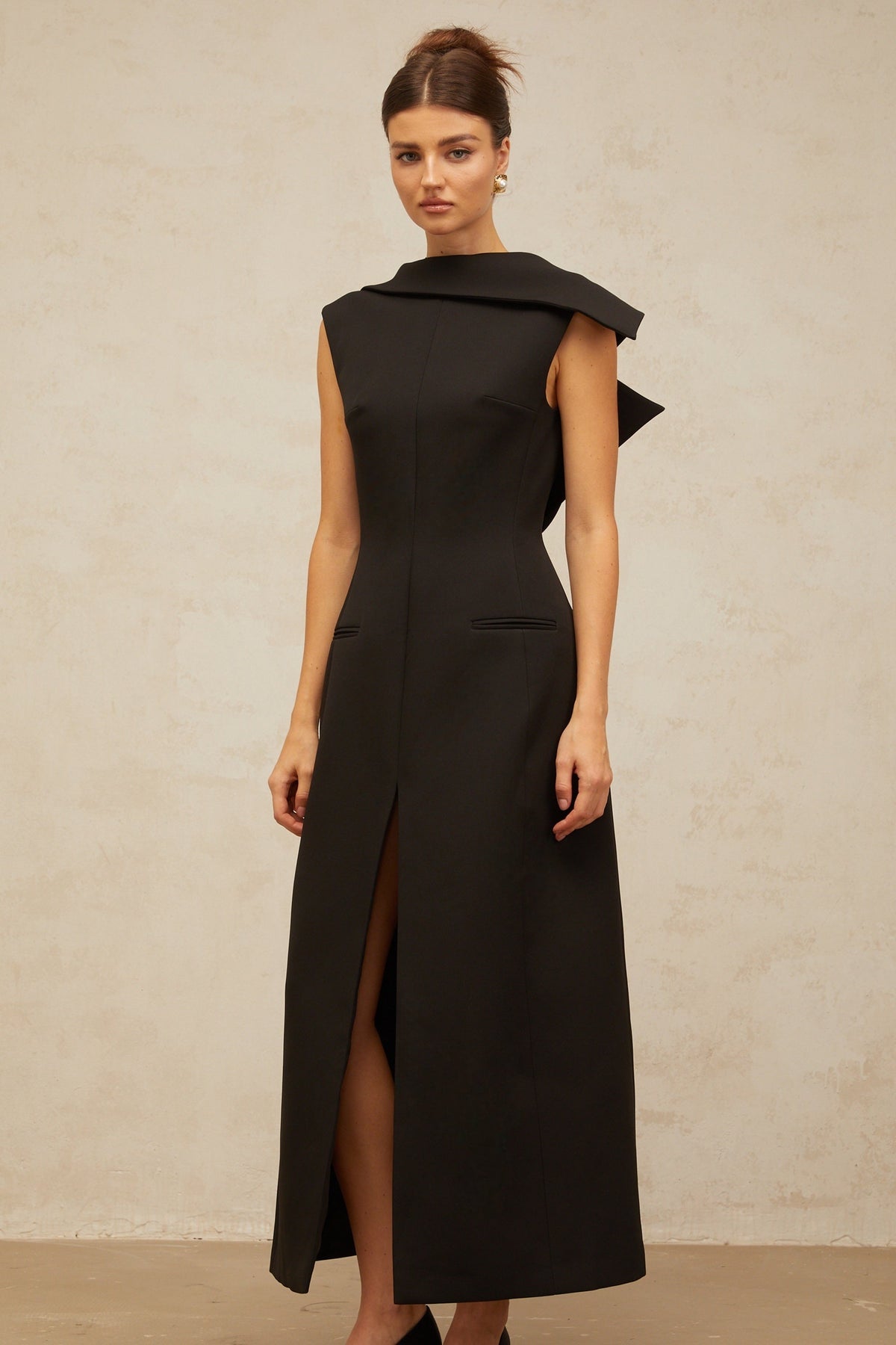 Léonore black deconstructed open-back midi dress