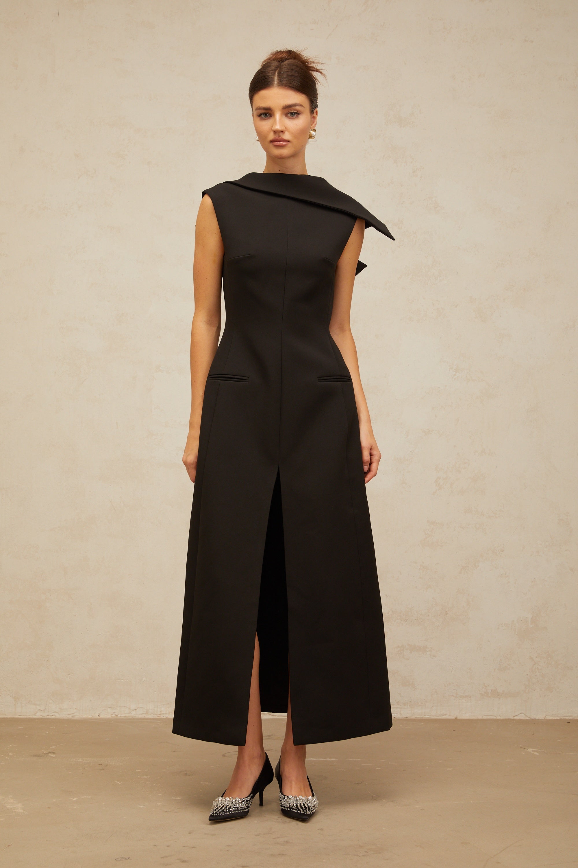 Léonore black deconstructed open-back midi dress