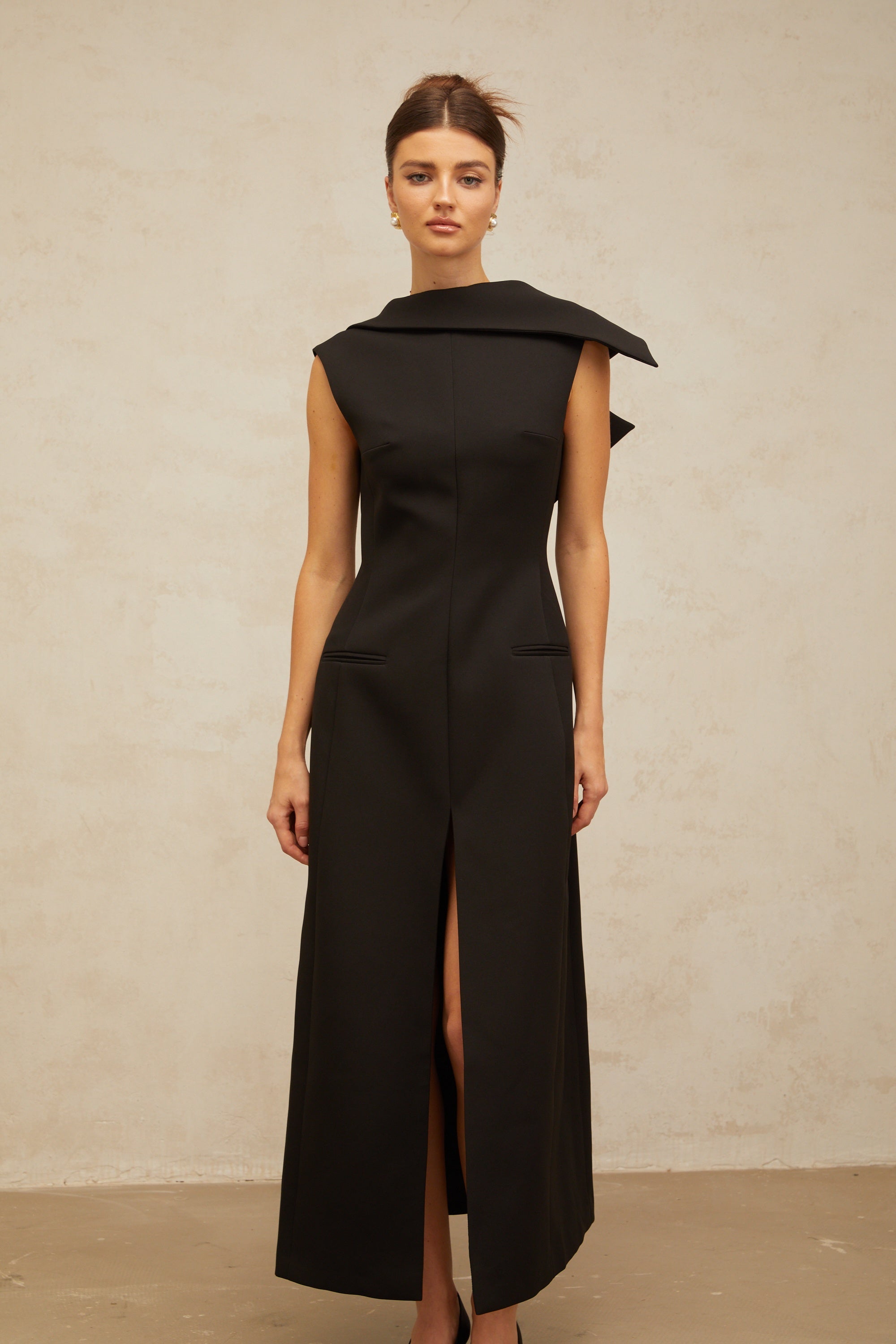 Léonore black deconstructed open-back midi dress
