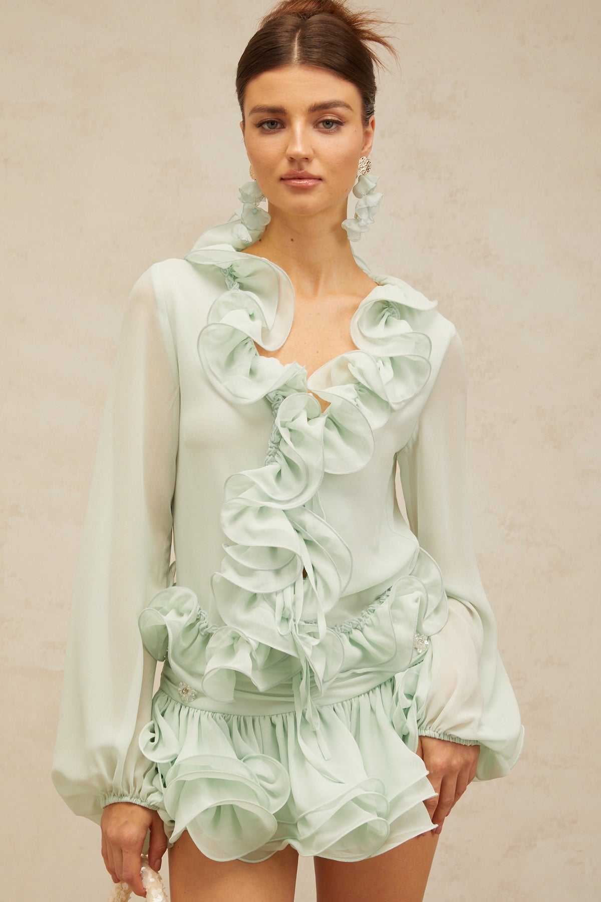 Noémie green flounced chiffon blouse & skirt matching set