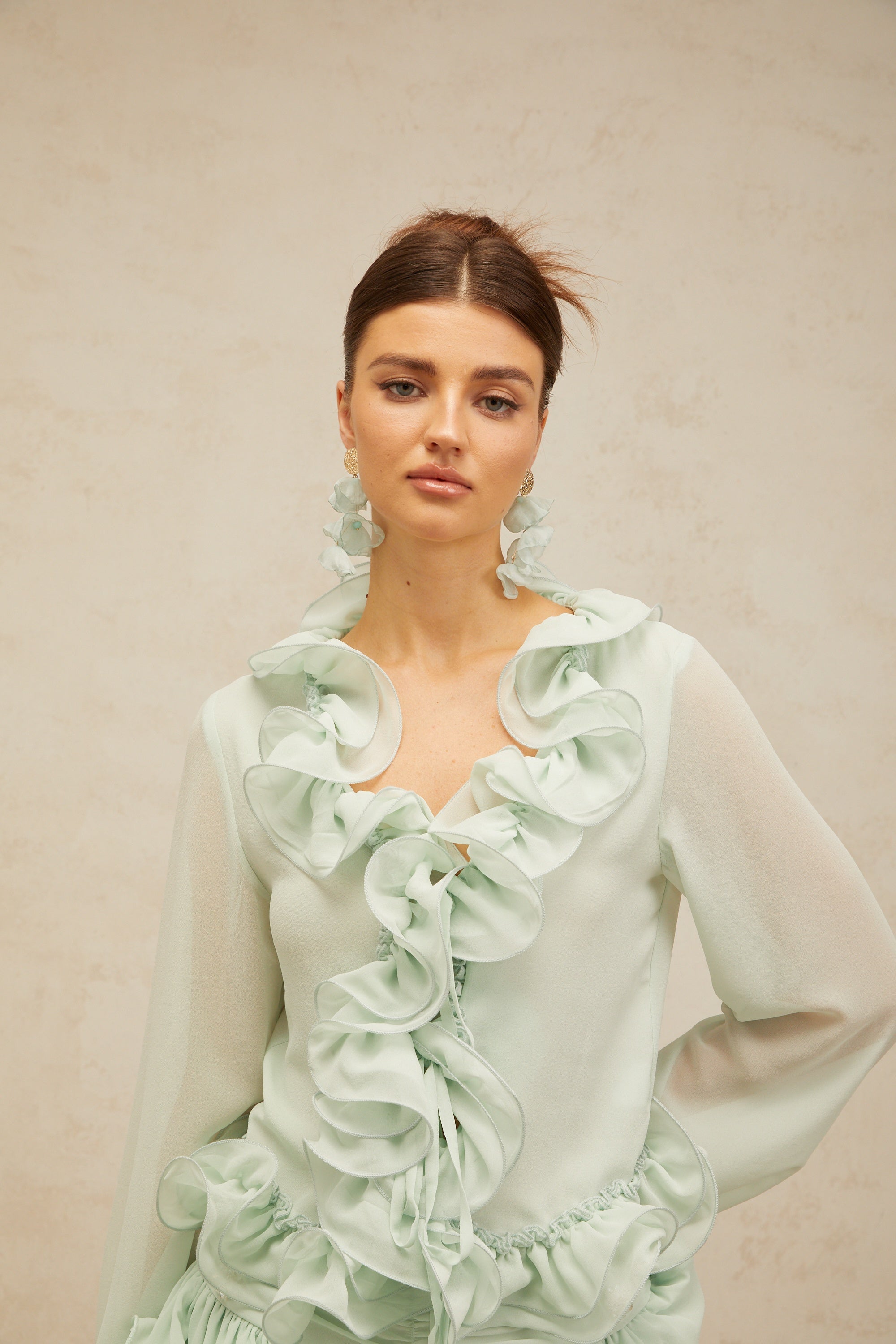 Noémie green flounced chiffon blouse & skirt matching set