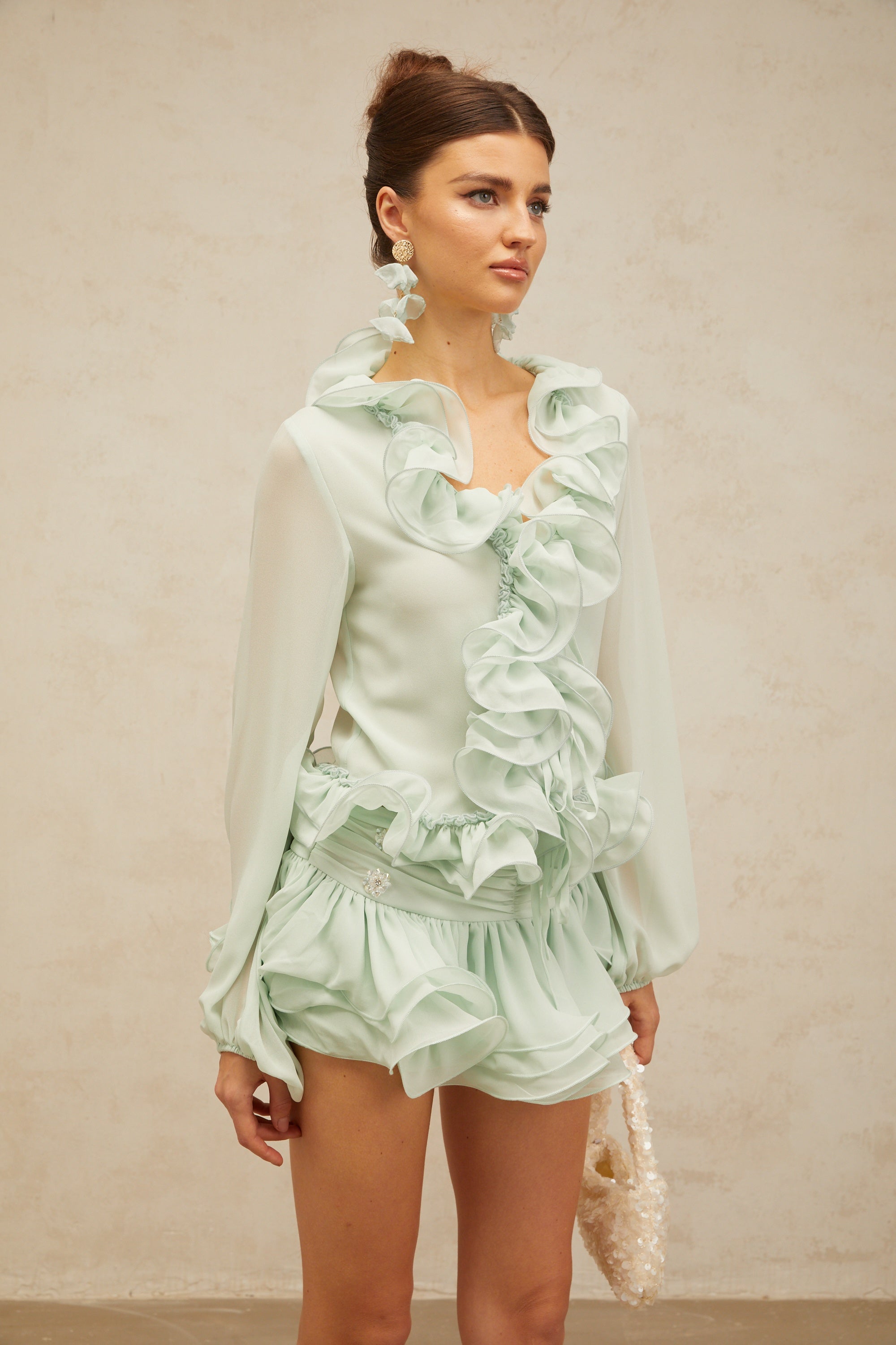 Noémie green flounced chiffon blouse & skirt matching set