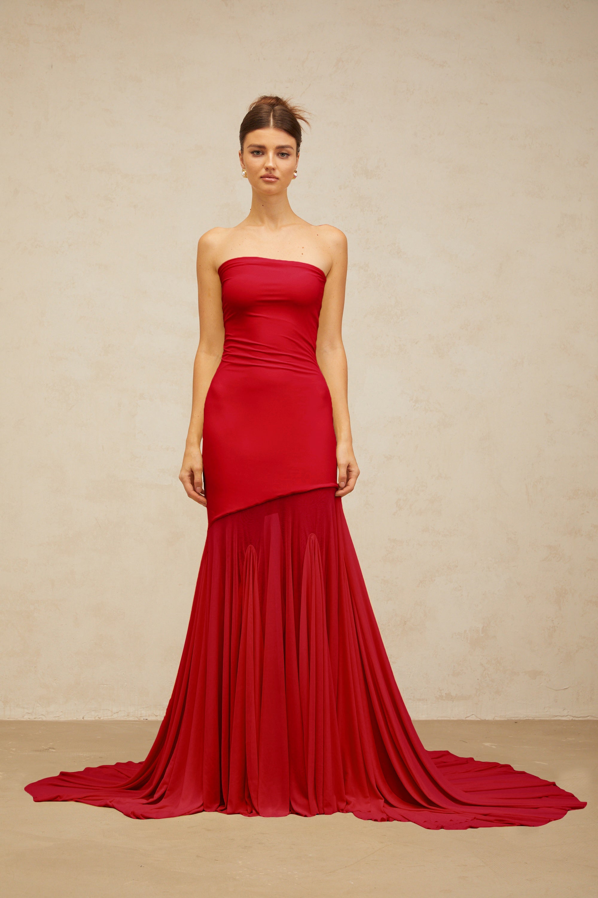 Josiane red off-shoulder sheer tulle maxi dress