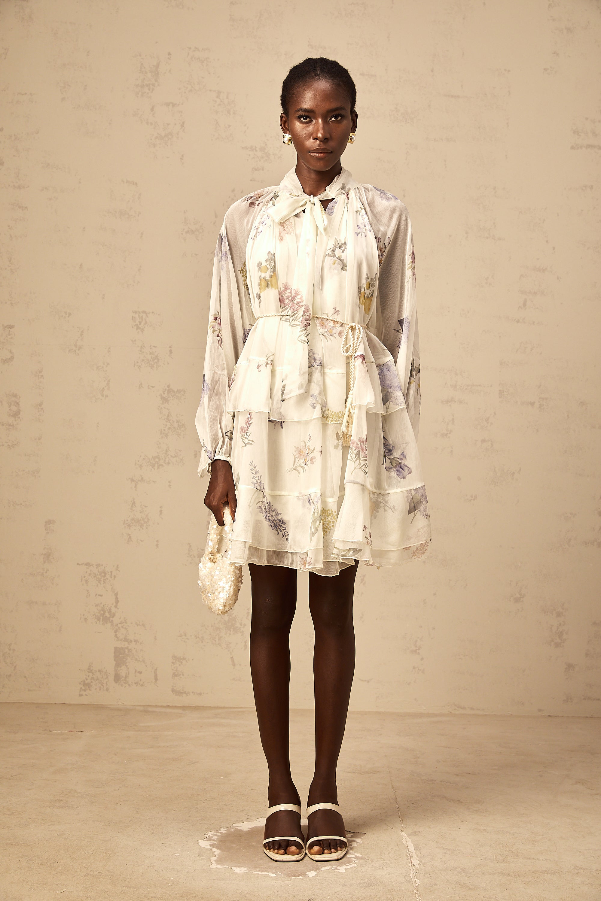 Albane white floral-print tiered chiffon mini dress