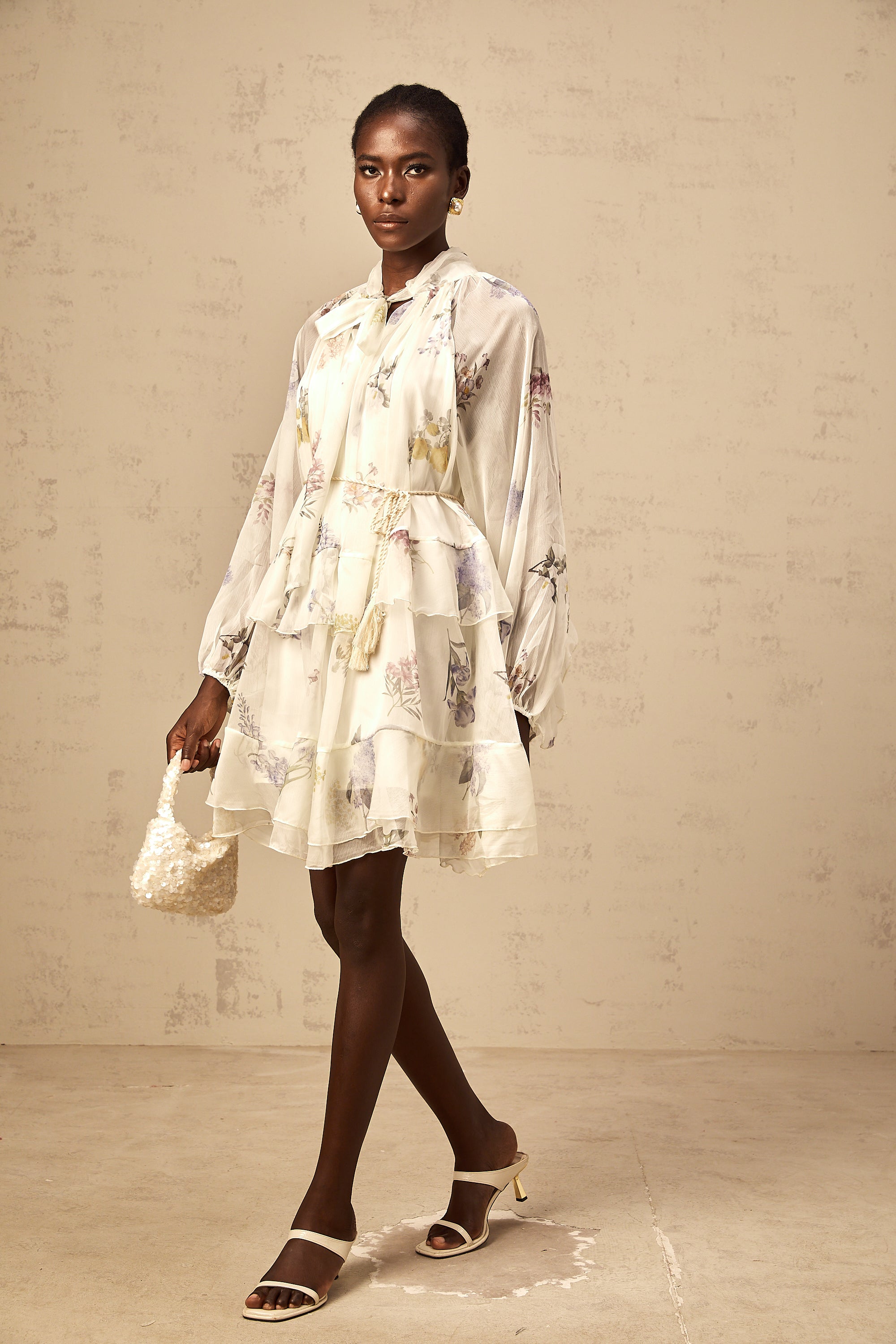 Albane white floral-print tiered chiffon mini dress