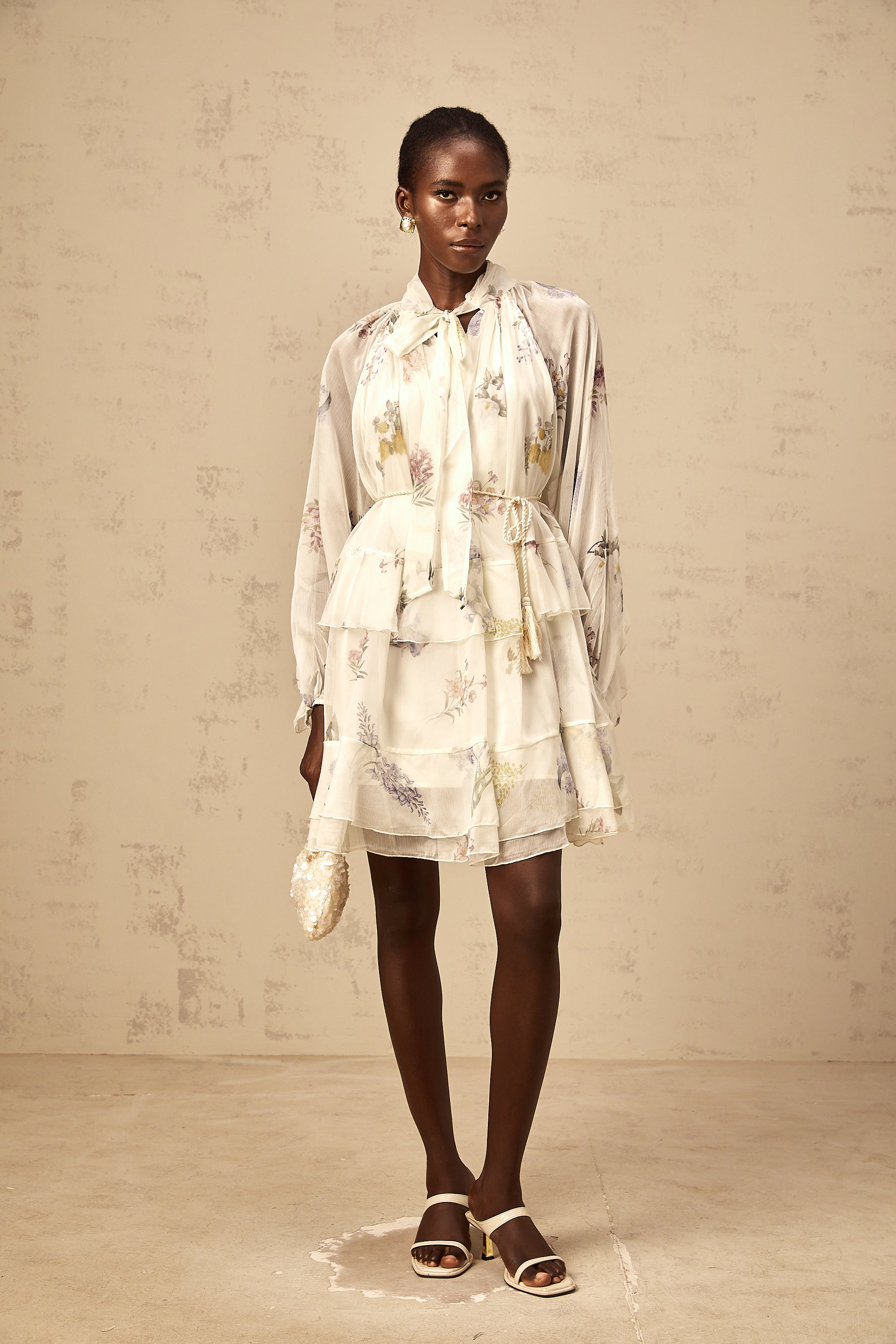 Albane white floral-print tiered chiffon mini dress