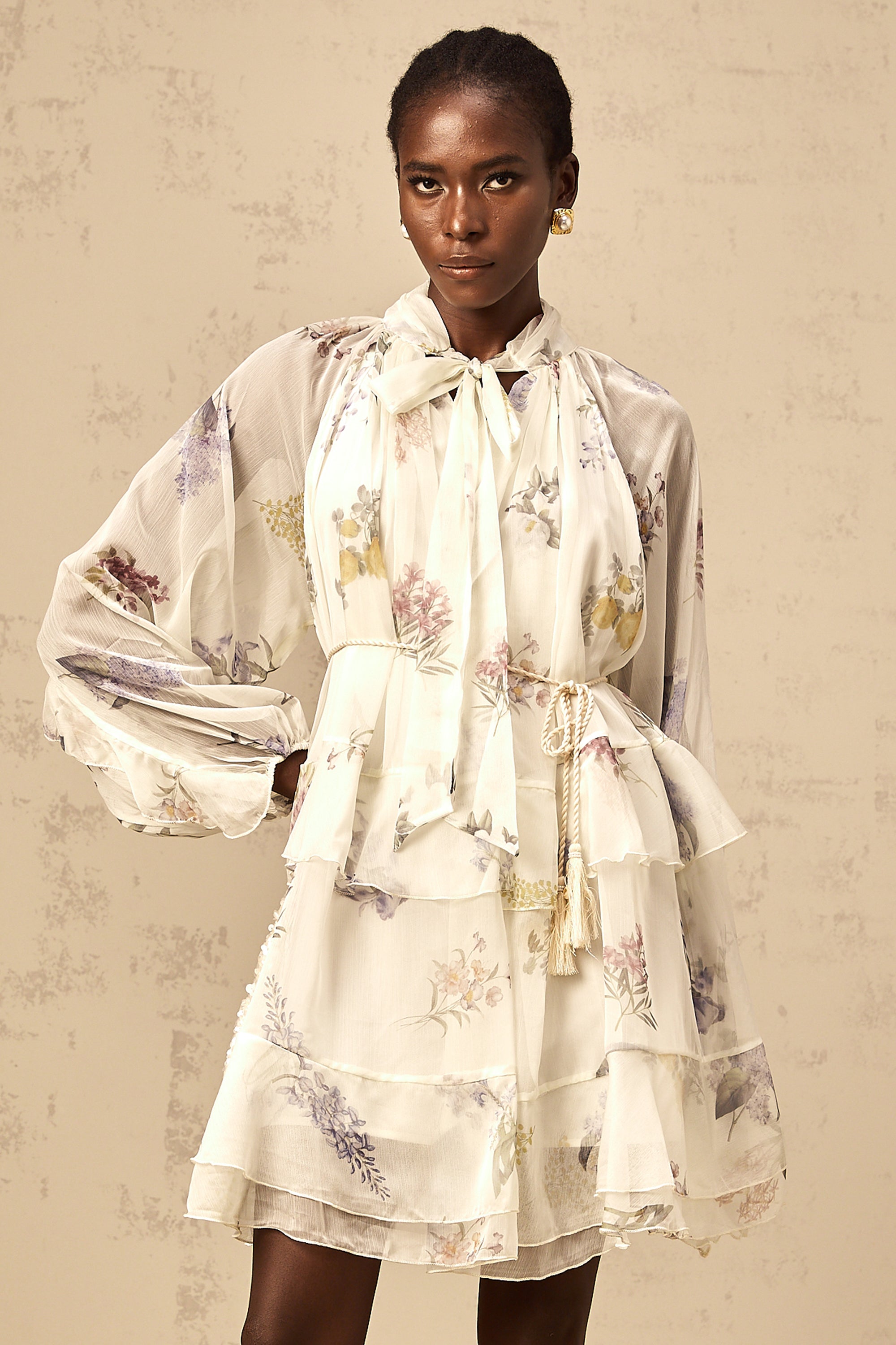 Albane white floral-print tiered chiffon mini dress