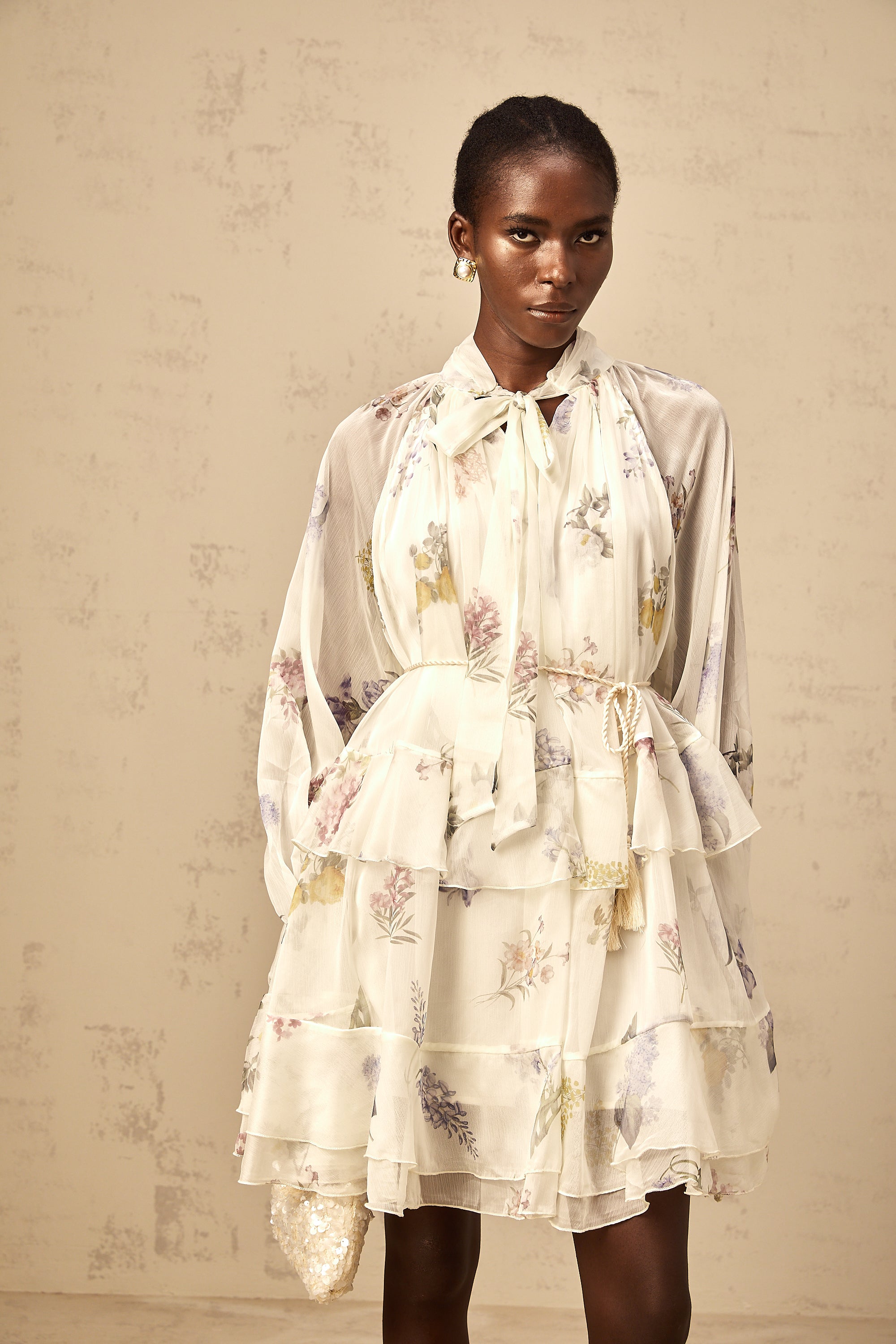 Albane white floral-print tiered chiffon mini dress