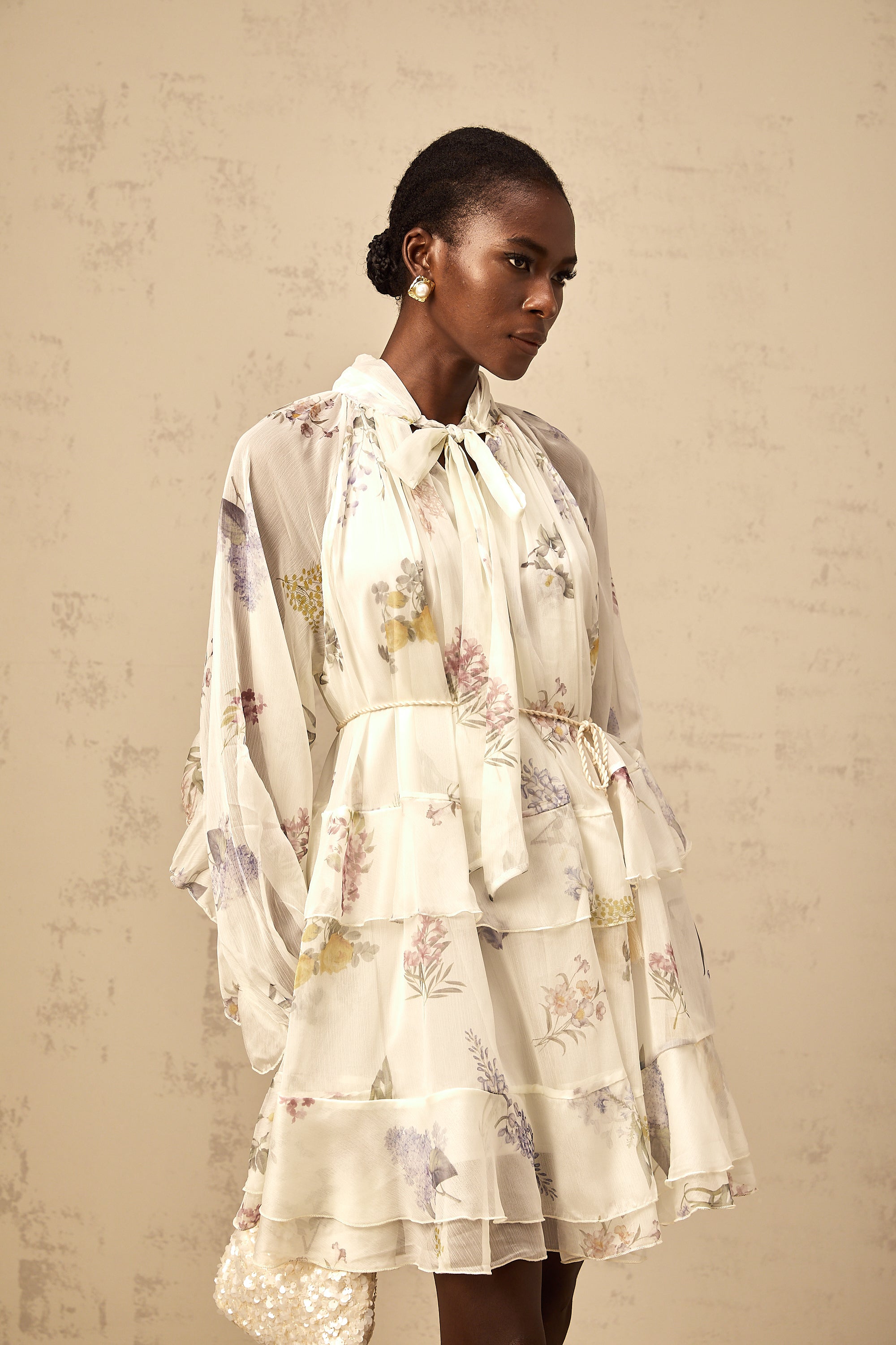 Albane white floral-print tiered chiffon mini dress