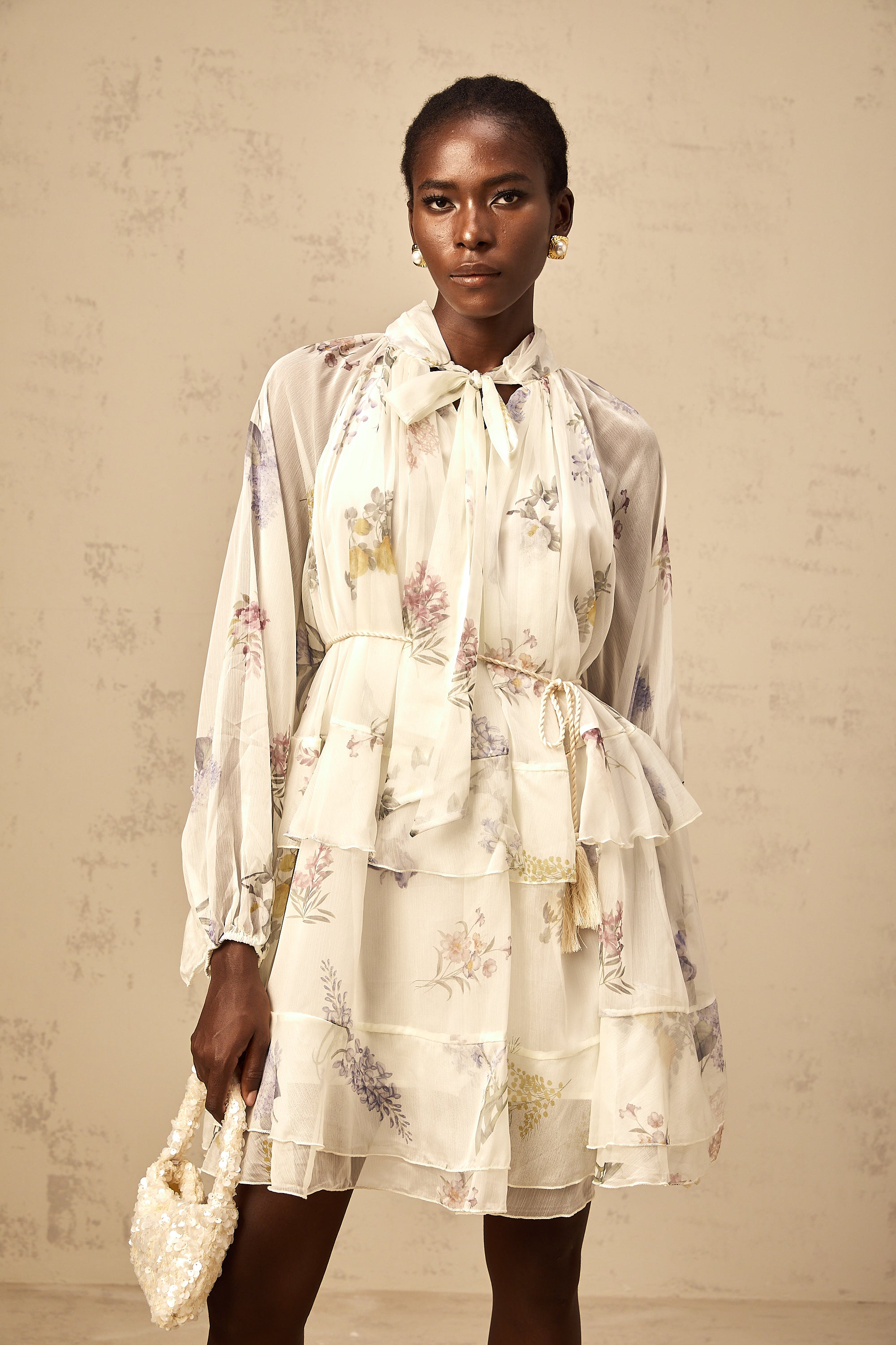 Albane white floral-print tiered chiffon mini dress