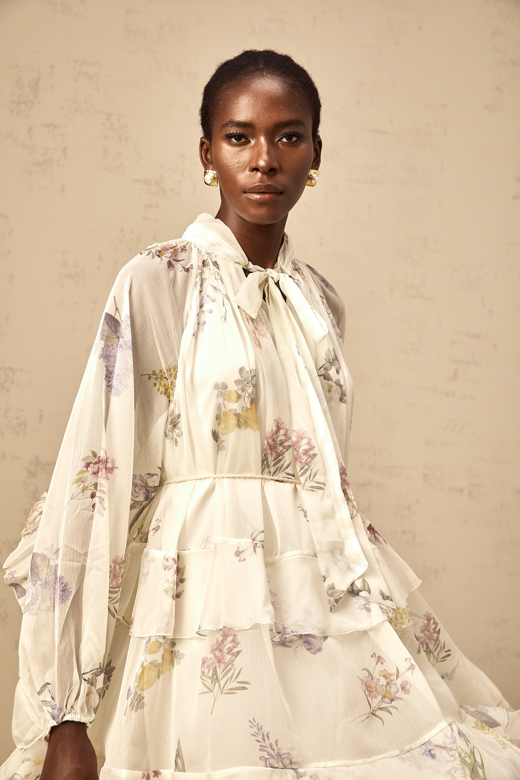 Albane white floral-print tiered chiffon mini dress