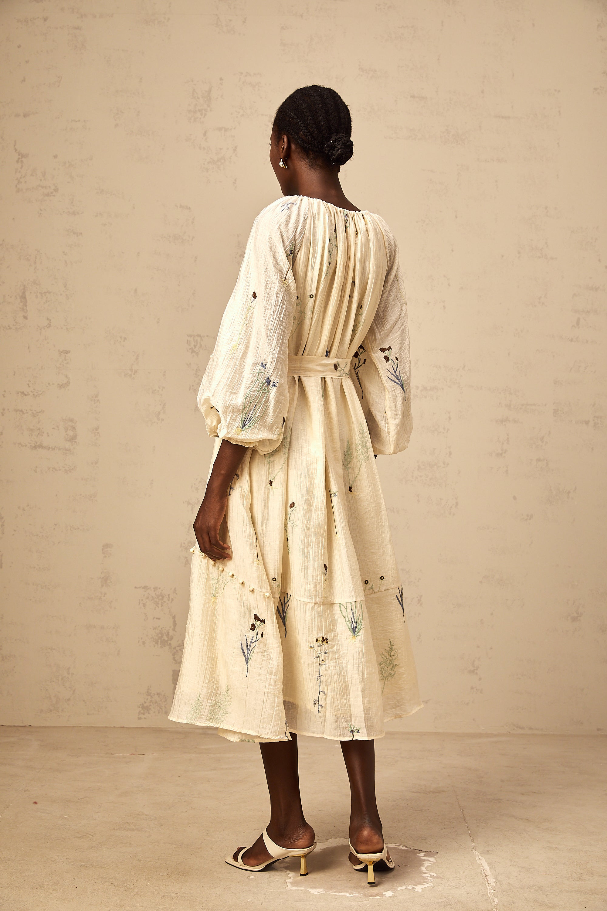 Uranie beige flower-embroidered beaded midi dress